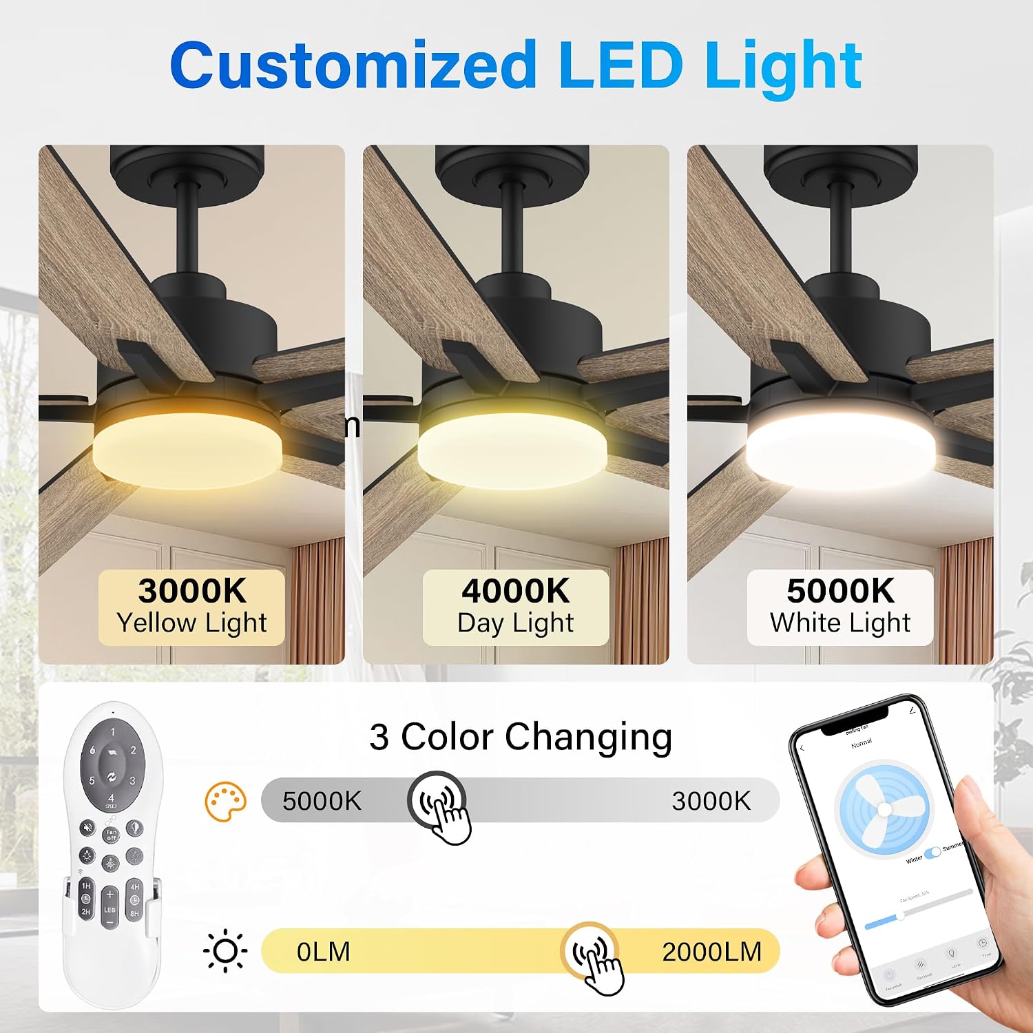 Lorpies 52' Smart Ceiling Fan with Lights Remote,Ultra Silent DC Motor,Control via Alexa Google Voice App Wifi,Outdoor Indoor Modern Ceiling Fans for Bedroom Patio Porch,Dimmable,Black Walnut Brown