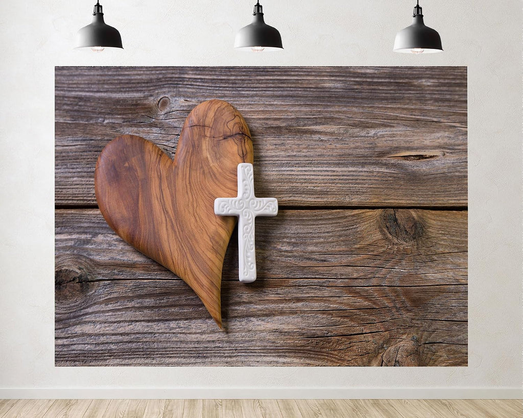 Trykid 20x10ft Wooden Heart White Cross Rustic Plank Backdrop Faith Inspired Scenery Photography Background Spiritual Gathering Party Decoration Tapestry Photo Booth Prop Fabric