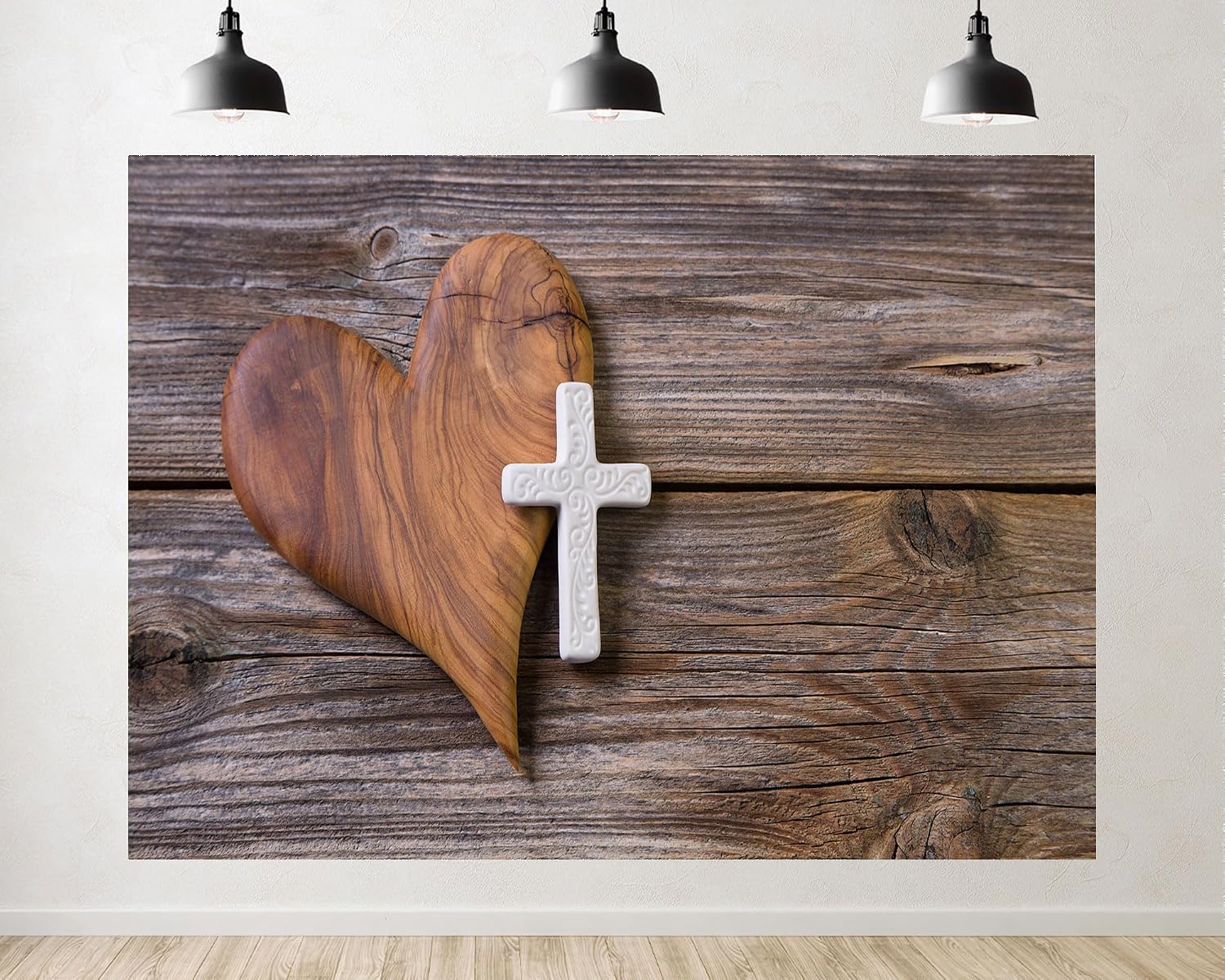 Trykid 20x10ft Wooden Heart White Cross Rustic Plank Backdrop Faith Inspired Scenery Photography Background Spiritual Gathering Party Decoration Tapestry Photo Booth Prop Fabric