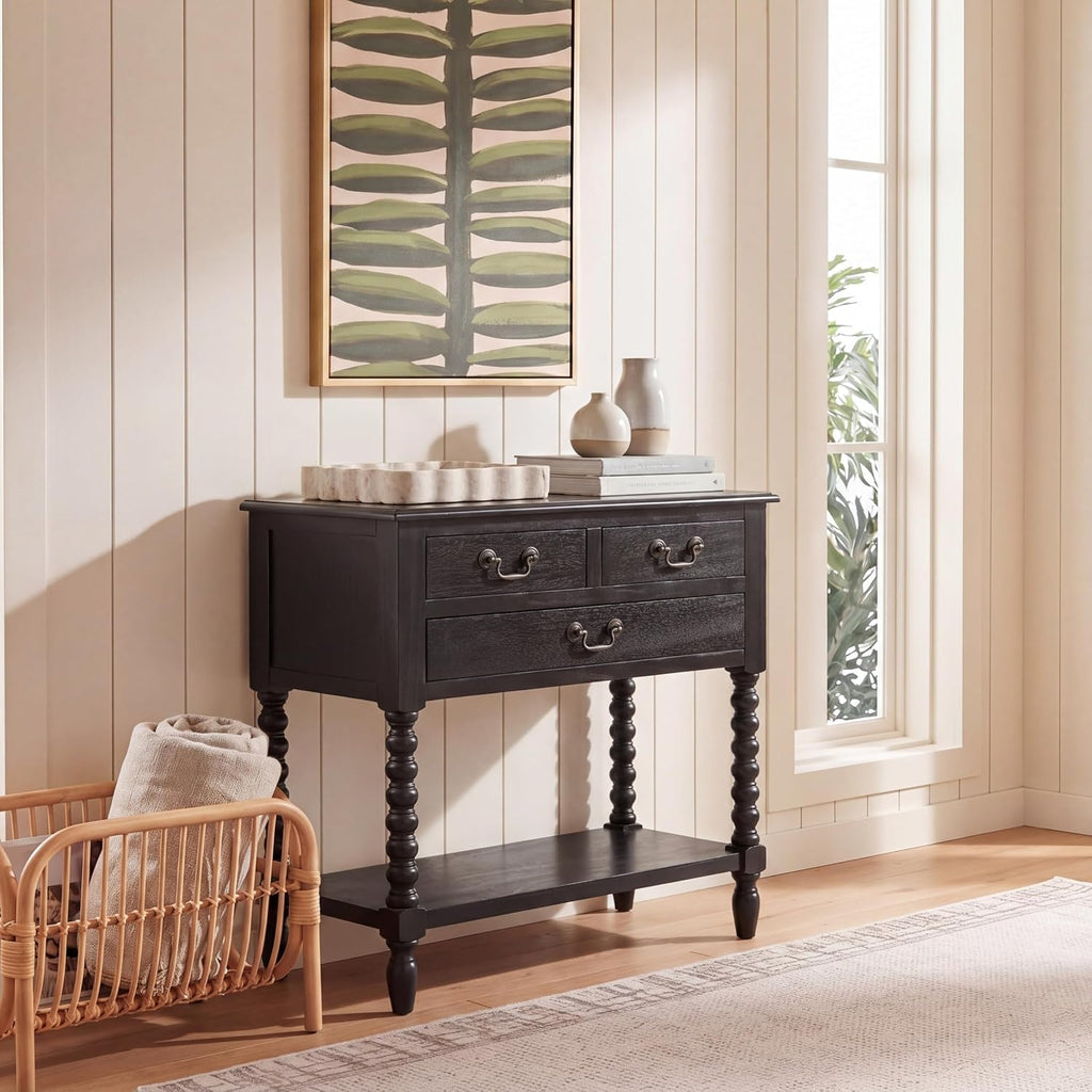 SAFAVIEH Furniture - Athena 3-Drawer Console Table - Black - Solid Wood - Farmhouse Classic Design - Ideal for Entryway, Living Room, Hallway, 23.5' W x 13' D x 29.5' H (CNS5703B)