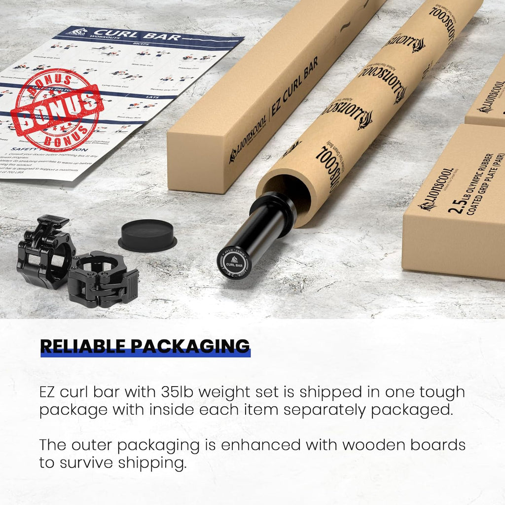 LIONSCOOL EZ Curl Bar Weight Set, 2 Inch Easy Curl Barbell with Weight Plates for Strength Training, Olympic Weightlifting, Squats, Curls, Deadlifts, Presses, Hip Thrusts, 350lbs/700lbs Weight Capacity