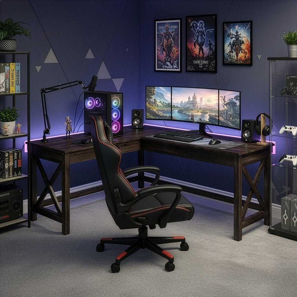 Lavish Home 59' L-Shaped Desk – Corner Computer Desk for Home Office, Space-Saving Workstation with X-Frame Legs, Writing or Craft Desk for Small Spaces (Dark Gray)