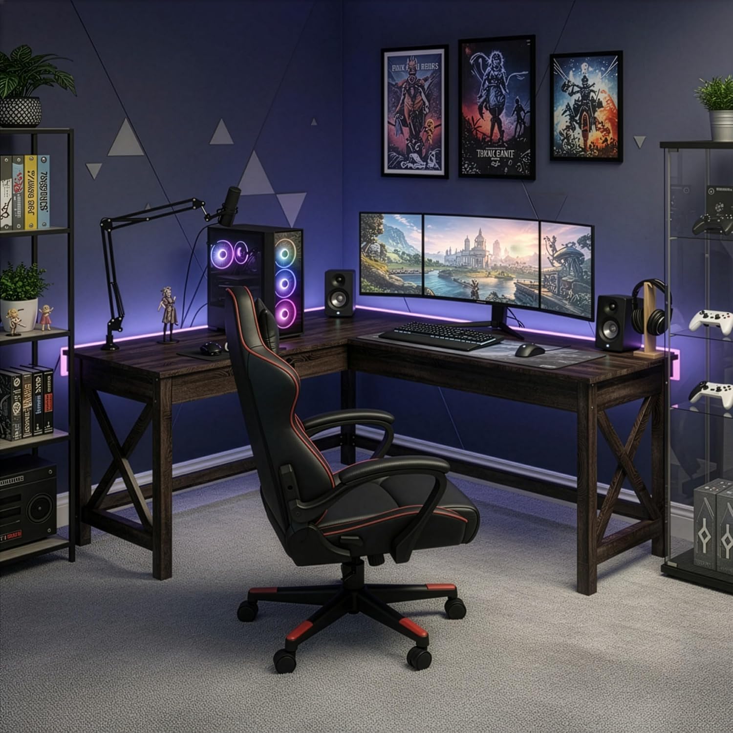 Lavish Home 59' L-Shaped Desk – Corner Computer Desk for Home Office, Space-Saving Workstation with X-Frame Legs, Writing or Craft Desk for Small Spaces (Dark Gray)