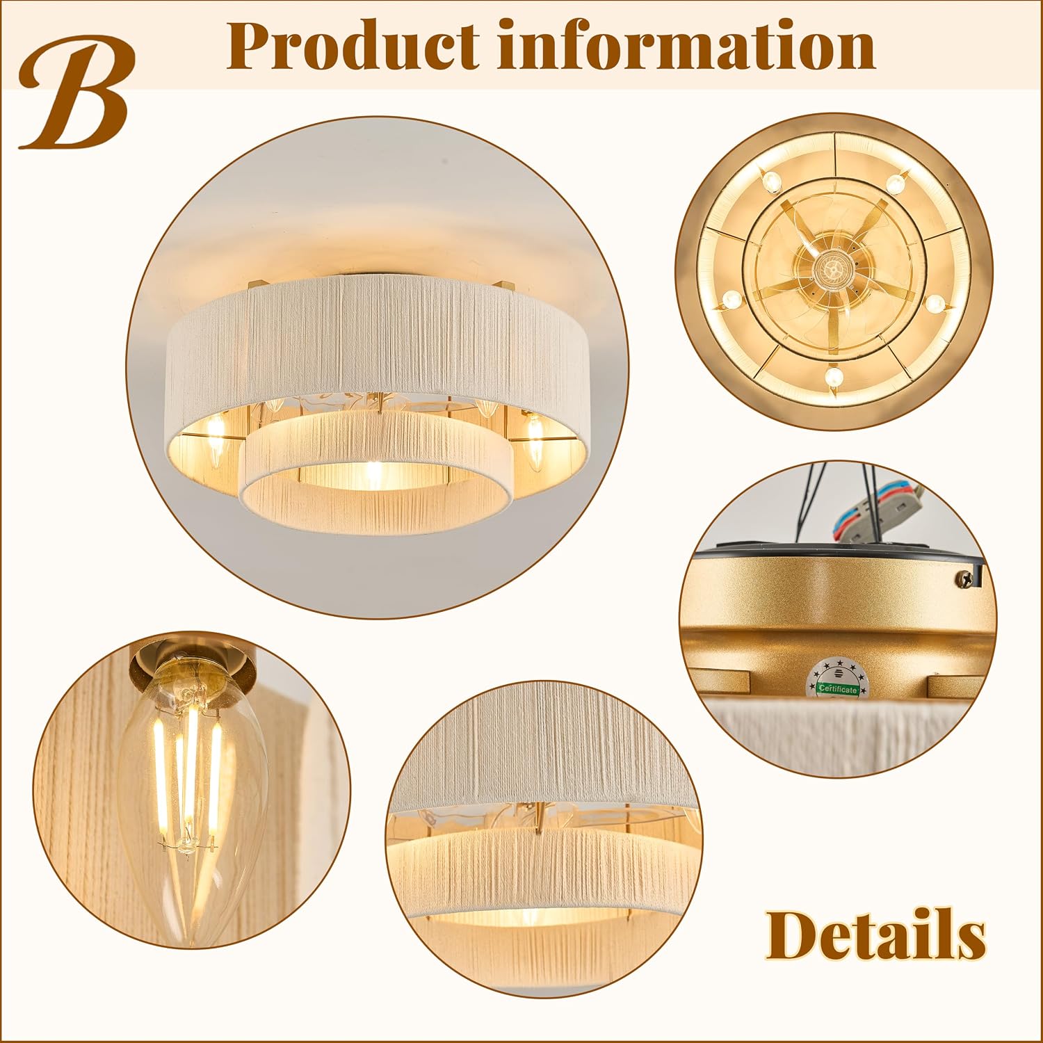 20' Boho Fandelier Ceiling Fan with Light and Remote, Gold Ceiling Fan with White Hand Woven Rattan, Flush Mount Low Profile Fan for Bedroom Living Room Kitchen, Reversible & Quiet