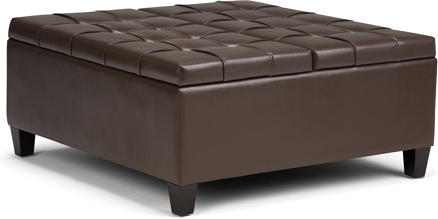 SIMPLIHOME Harrison Coffee Table Storage Ottoman - 36 inch Wide Upholstered Vegan Leather Square Lift-Top Ottoman in Chocolate Brown, Transitional Ottoman for Living Room with Hidden Storage