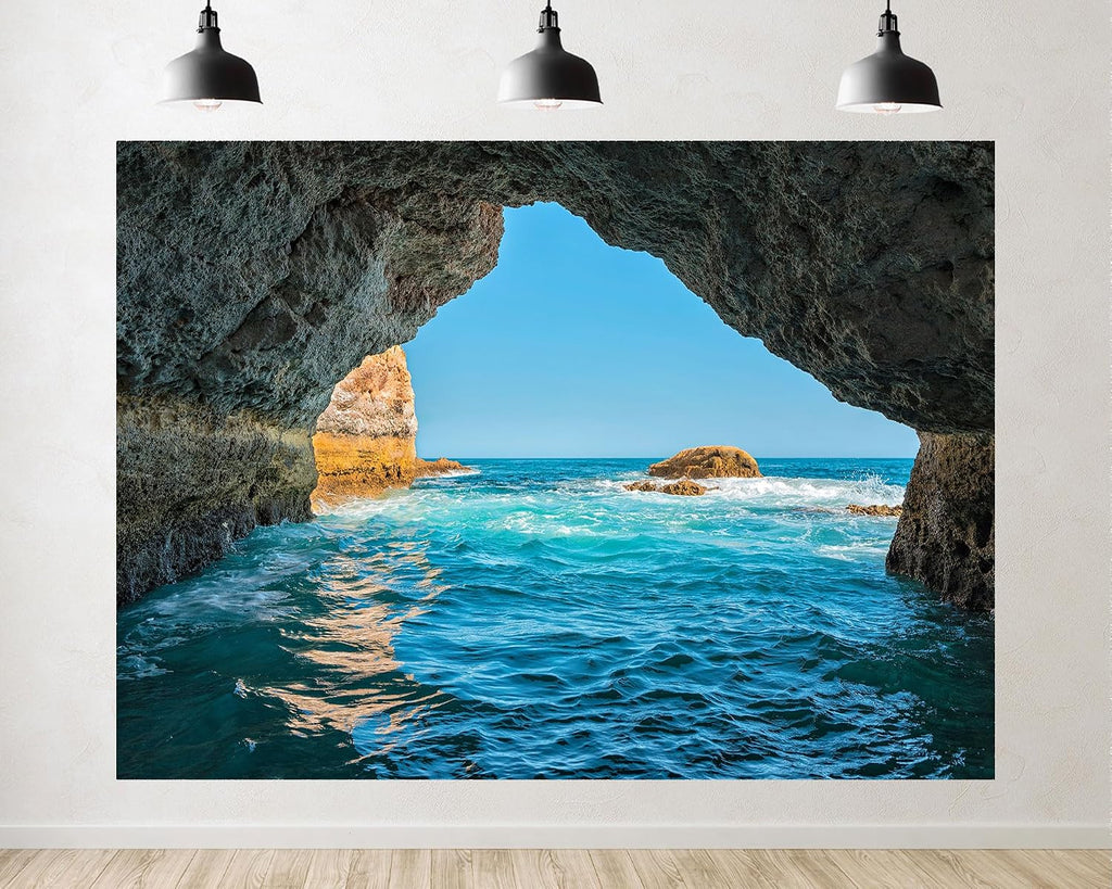 Trykid 20x10ft Sea Cave Turquoise Backdrop Rocky Arch Clear Sky Ocean Waves Photography Background Coastal Adventure Tapestry Party Decoration Photo Studio Prop Fabric
