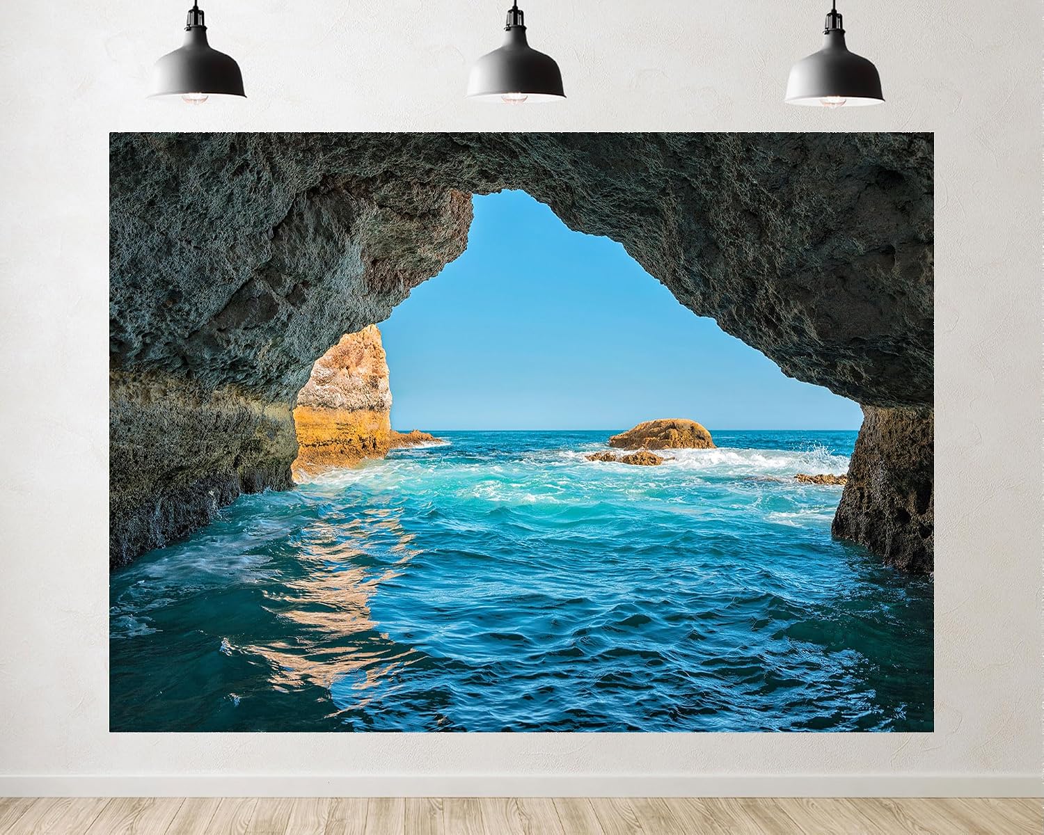Trykid 20x10ft Sea Cave Turquoise Backdrop Rocky Arch Clear Sky Ocean Waves Photography Background Coastal Adventure Tapestry Party Decoration Photo Studio Prop Fabric