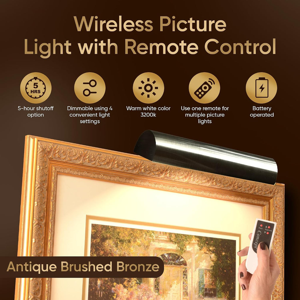 Concepdesigns Picture Light Battery Operated Picture Light, Dimmable Wireless Picture Lights for wall, Art Light, Library Light Battery Operated with Remote Control - 18 inches, Antique Brushed Bronze