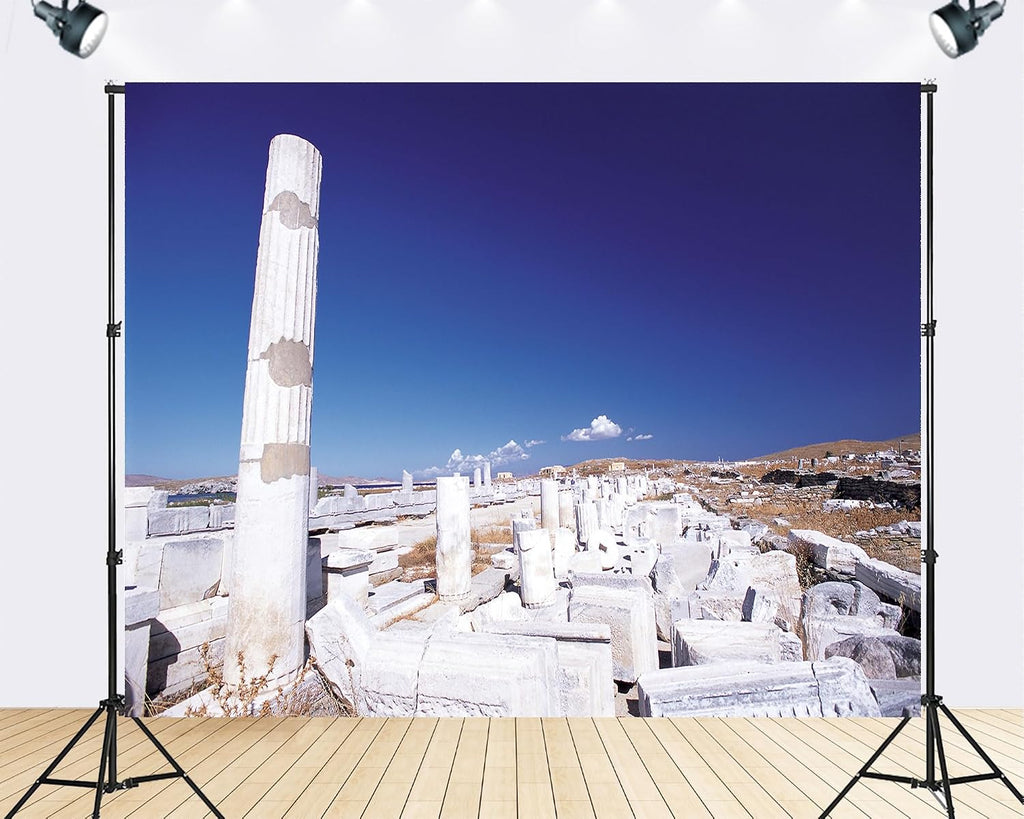 Trykid 20x10ft Ancient Ruins Stone Columns Backdrop Greek Historical Site Clear Sky Cultural Heritage Photography Background Monumental Site Party Decoration Photo Booth Prop Fabric