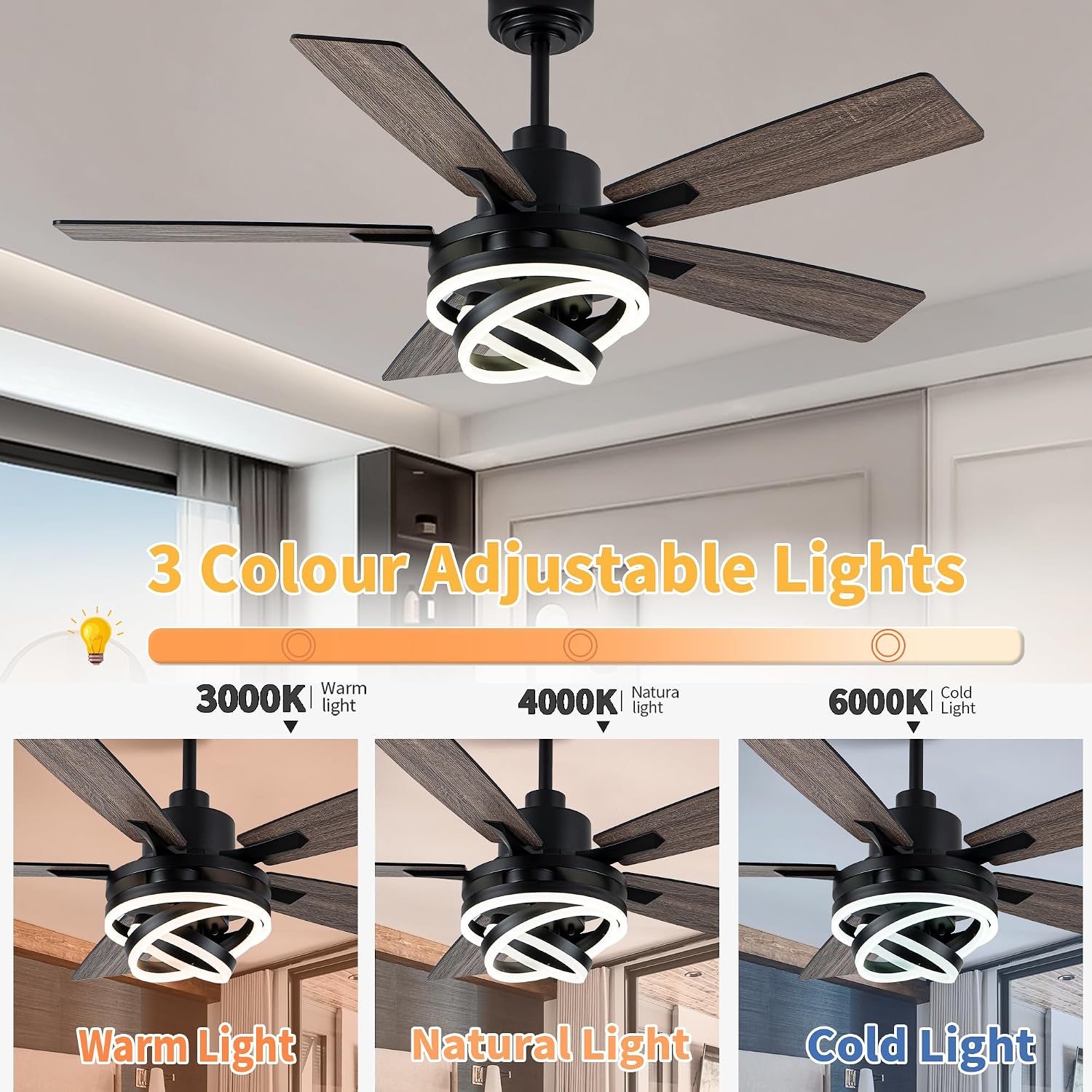 52 Inch Chandelier Ceiling Fans with Lights Remote Control,6 Wind Speeds,3 Lighting Colors Optional,DC Motor,DIY Rings LED,Farmhouse Ceiling Fan for Living Room/Dining Room/Bedroom/Kitchen
