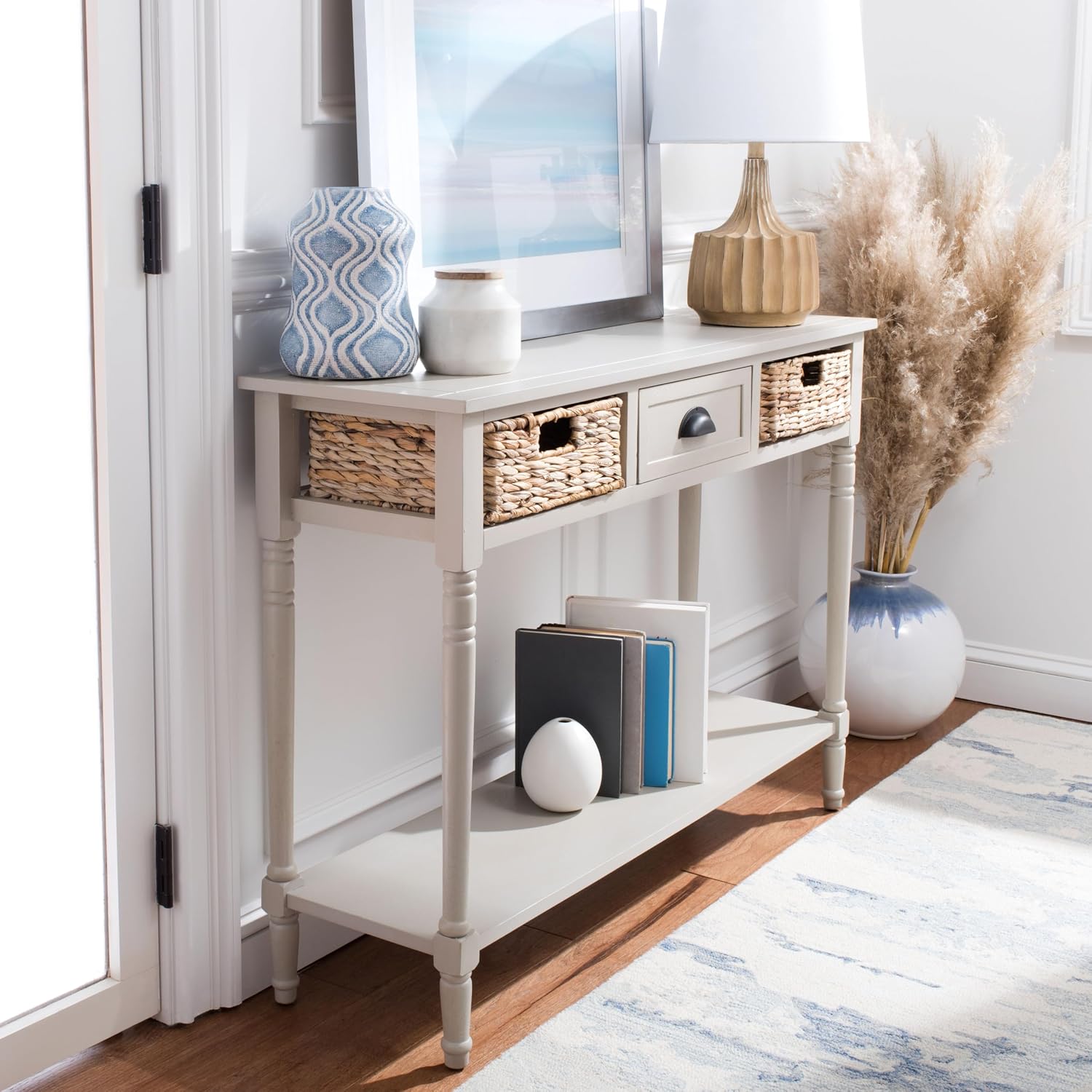 SAFAVIEH Home Collection – Christa Vintage Grey Console Table with Rattan Drawers & Shelf, Coastal Cottage Storage Console, Vintage Design (AMH5737D)