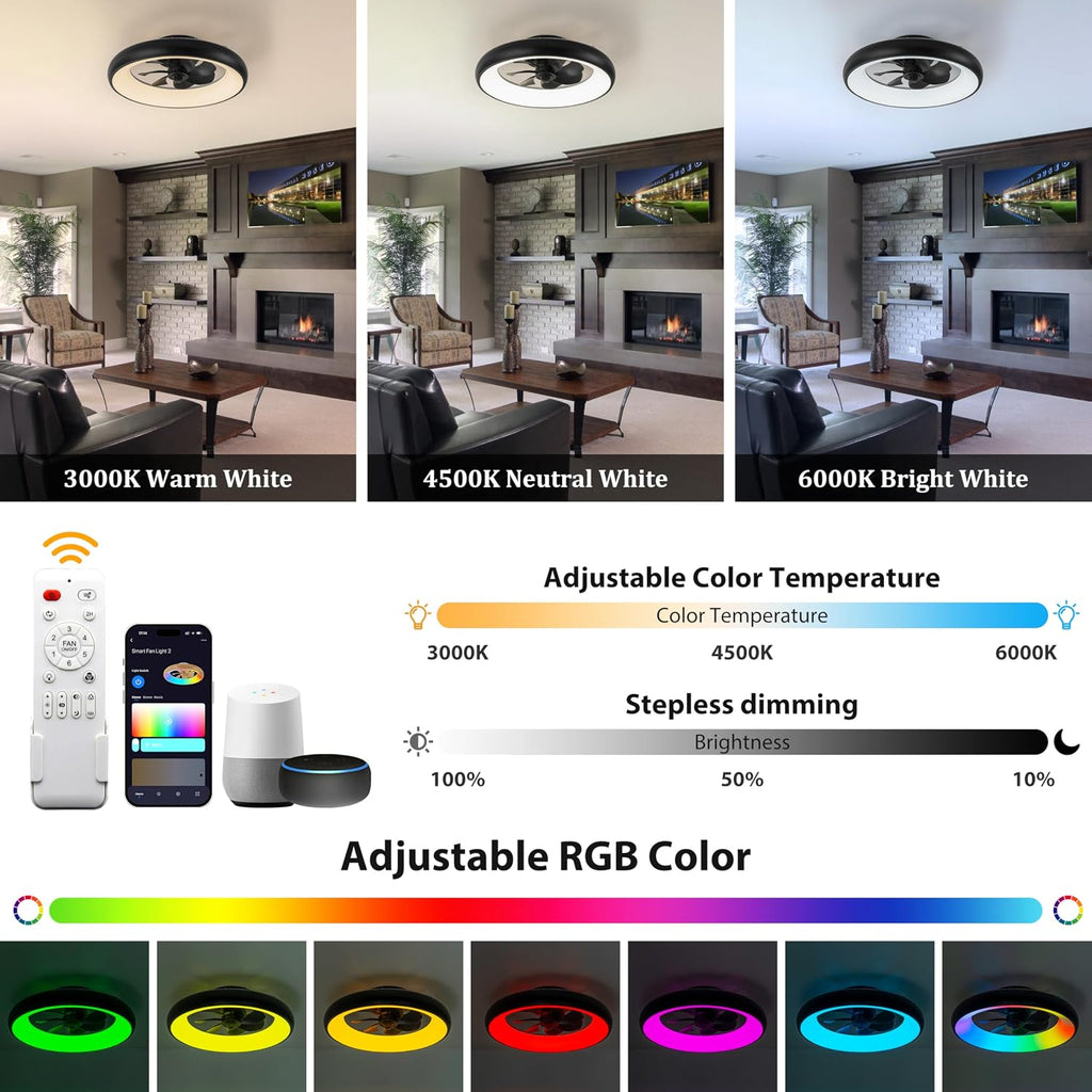 Low Profile Ceiling Fans with Lights, Dimmable Smart RGB Ceiling Fan With Alexa/Google Assistant/App/Remote Control, 6-Speeds Reversible Black LED Ceiling Fan for Bedroom Kitchen Foyer
