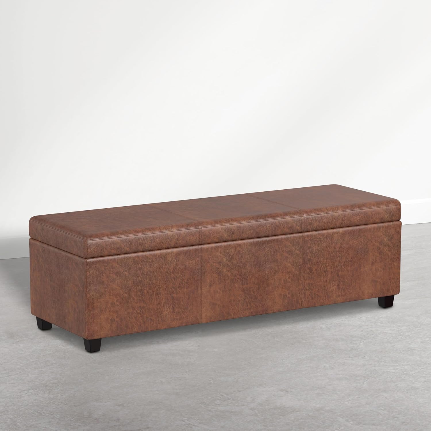 SIMPLIHOME Avalon Storage Ottoman Bench - 54 inch Wide Upholstered Vegan Leather Extra Large Rectangle Ottoman Bench in Distressed Pecan Brown, Contemporary Ottoman for Living Room with Lift-Up Lid