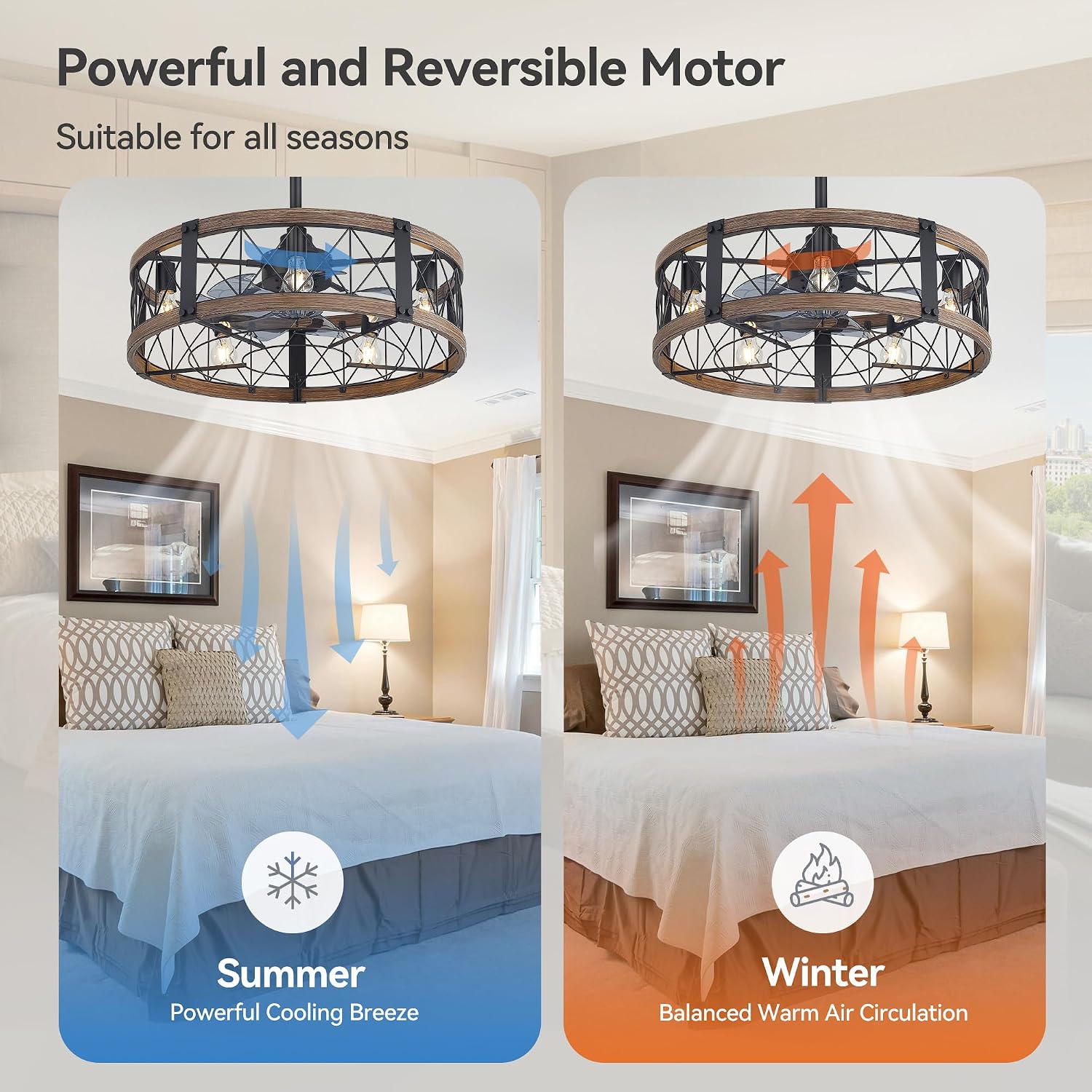 28' Traditional Caged Ceiling Fans with Lights and Remote, 6-Speed Reversible DC Motor, 2 Downrods, Industrial Black and Brown Farmhouse Enclosed Ceiling Fan for Bedroom Living Room