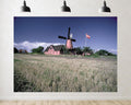 Trykid 20x10ft Pink Windmill House Backdrop Danish Flag Golden Harvest Field Clear Blue Sky Fluffy Clouds Photography Background Charming Nordic Party Decoration Photo Booth Prop Fabric