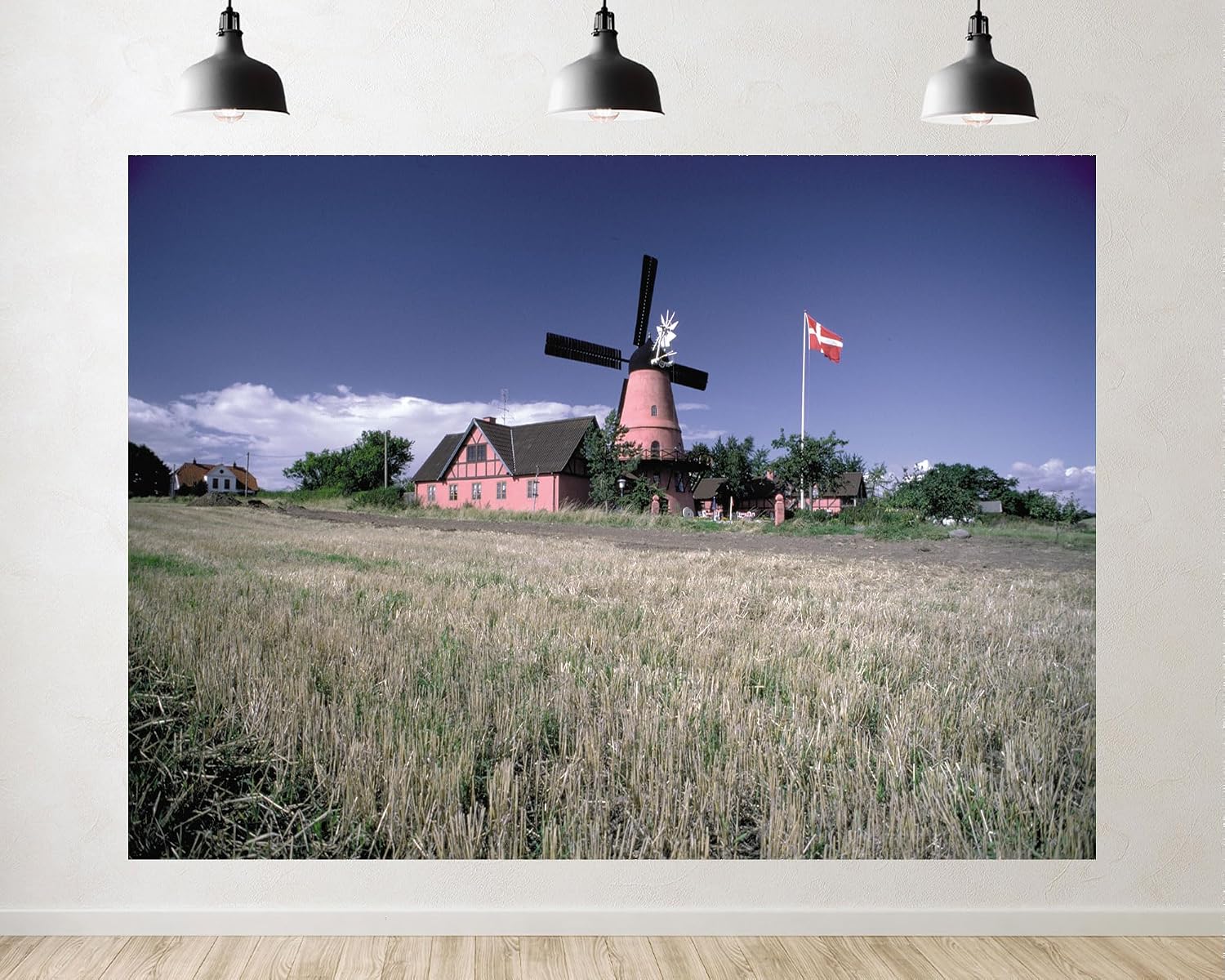 Trykid 20x10ft Pink Windmill House Backdrop Danish Flag Golden Harvest Field Clear Blue Sky Fluffy Clouds Photography Background Charming Nordic Party Decoration Photo Booth Prop Fabric