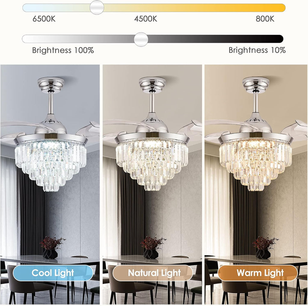 Finktonglan 36' Crystal Fandelier Ceiling Fan with Light, Retractable Blades, Dimmable 72W LED, Remote & App Control, Quiet Reversible Motor, 6 Speeds, Chrome Flush Mount for Bedroom/Living Room