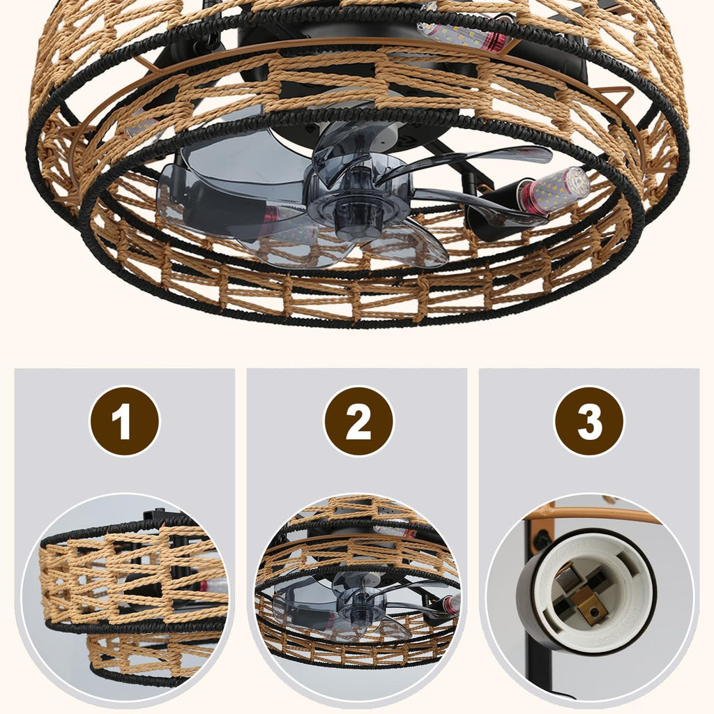 Ceiling Fans with Lights Flush Mount, 20 Inch Caged Low Profile Ceiling Fans with 3 Mode Lighting and Remote Control with E26 Bulbs for Bedroom, Nursery, Garage (Light Brown)