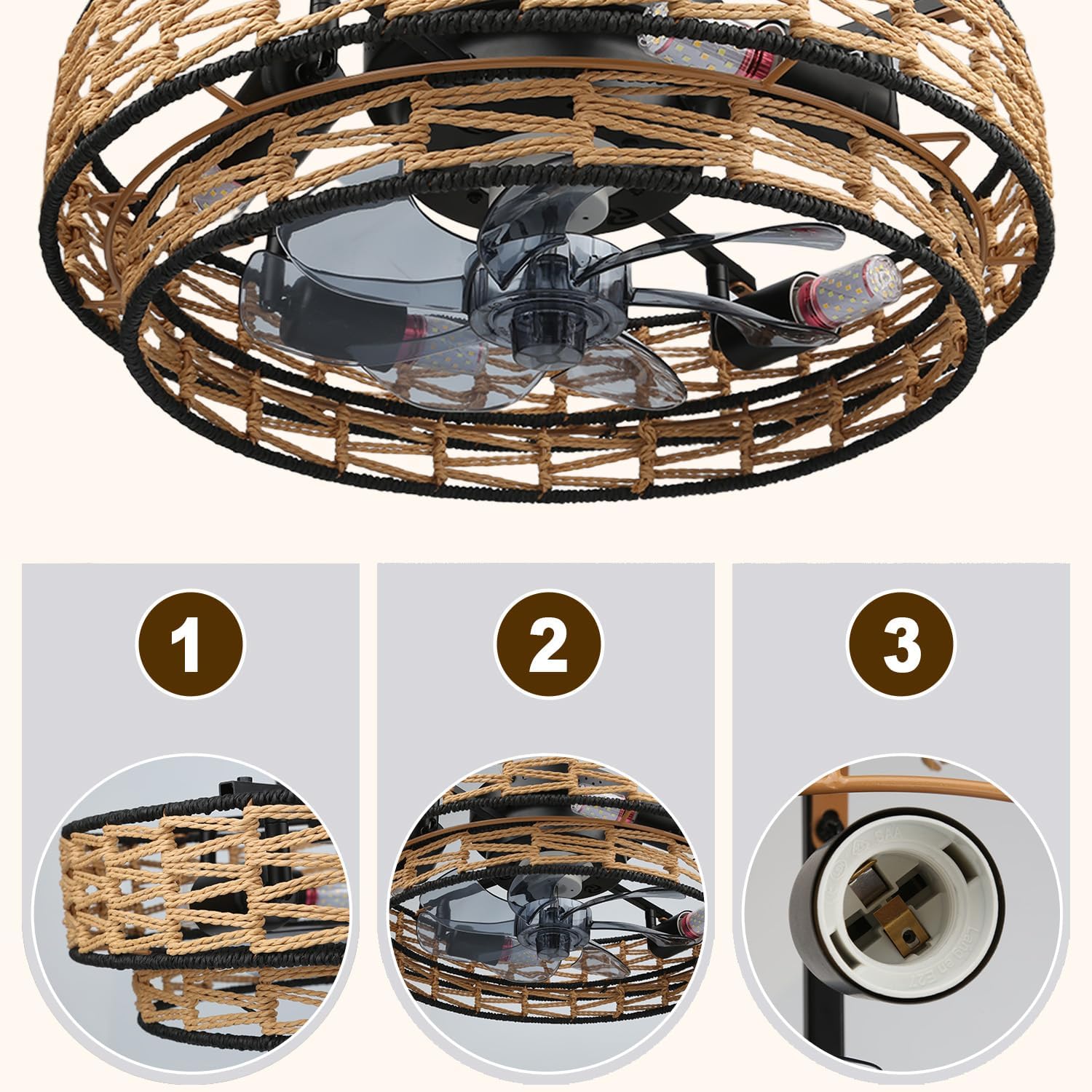 Ceiling Fans with Lights Flush Mount, 20 Inch Caged Low Profile Ceiling Fans with 3 Mode Lighting and Remote Control with E26 Bulbs for Bedroom, Nursery, Garage (Light Brown)