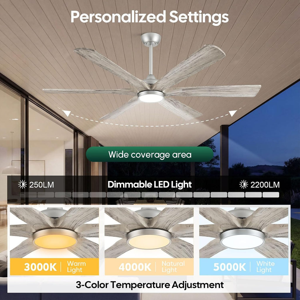 72 Inch Smart Ceiling Fan with Light, Remote/Alexa/APP Control, Rustic 6 Solid Wood Blades, ETL Listed Quiet DC Motor, 9268 CFM Large Airflow, for Indoor High Ceiling, Outdoor Covered Patio