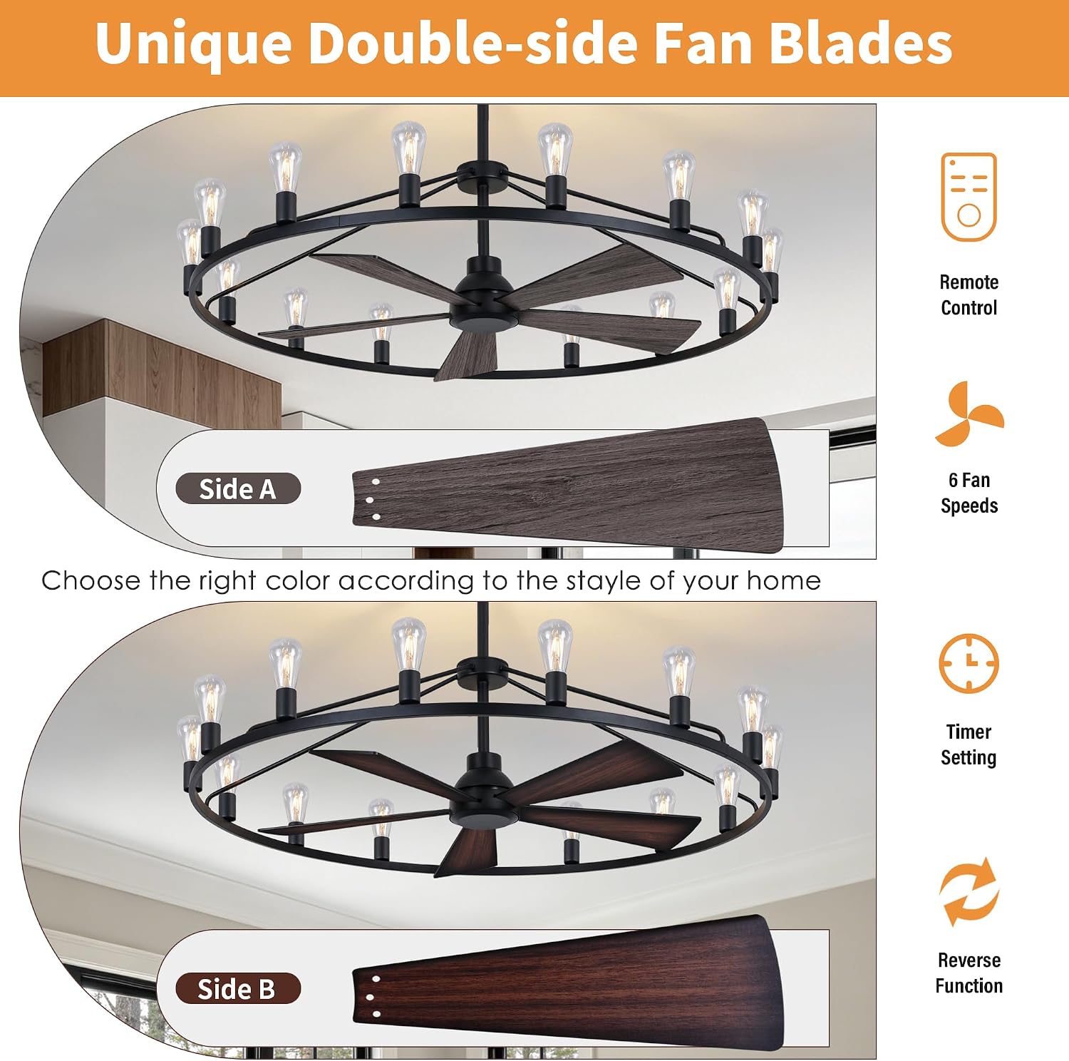 She's home 50' Wagon Wheel Chandelier with Fans, Black Large Farmhouse Ceiling Fan with Light and Remote, 15-Lights Round Rustic Fandelier for Living Room, Dining Room, Height Adjustable