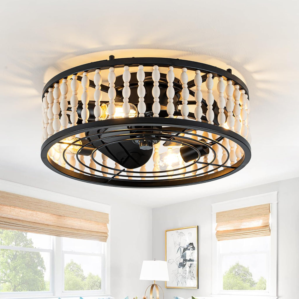 20' Boho Ceiling Fan with Light, Farmhouse Wood Beaded Low Profile Ceiling Fan with Remote, Flush Mount/6-Speed/Timer/Quiet DC Motor/Reversible