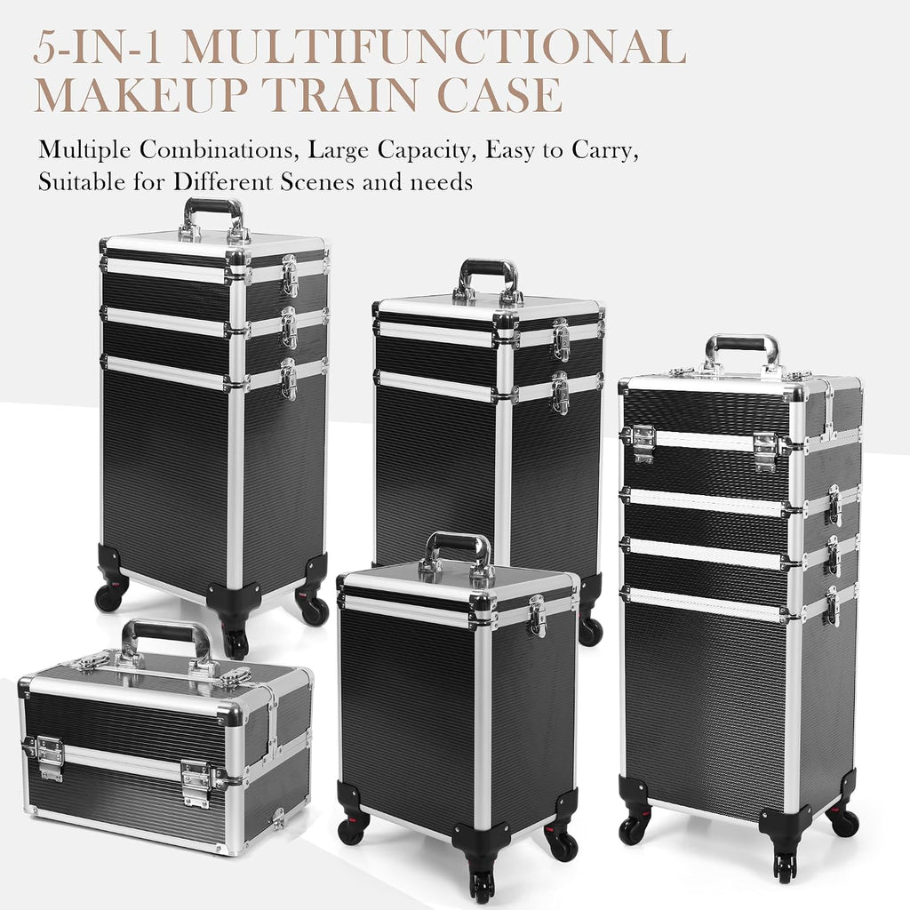 5-in-1 Rolling Makeup Train Case, Large Professional Cosmetic Trolley Organizer on Wheels with 360° Swivel Wheels, Lockable Black Aluminum Travel Case for Makeup Artists, Nail Techs & Hairstylists