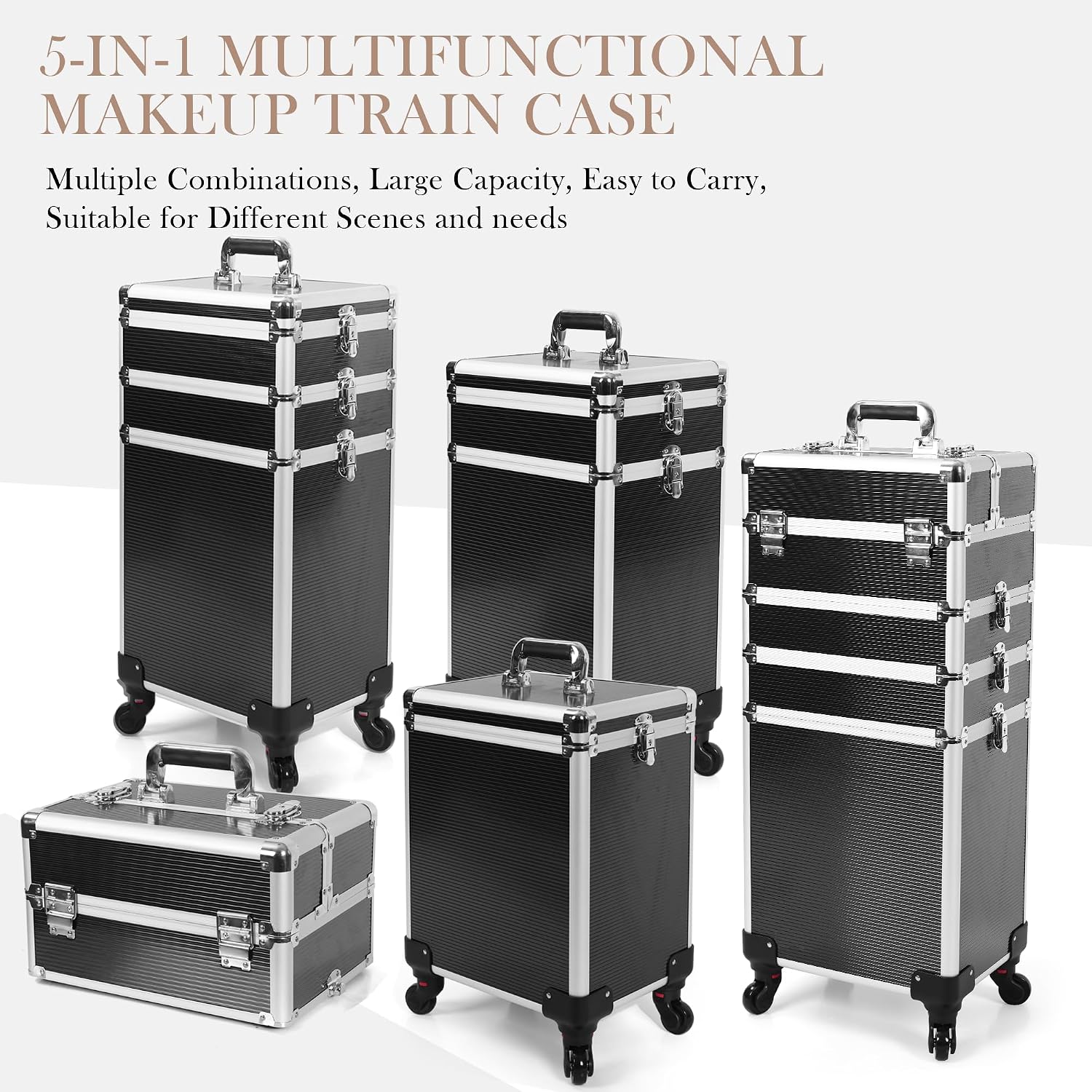5-in-1 Rolling Makeup Train Case, Large Professional Cosmetic Trolley Organizer on Wheels with 360° Swivel Wheels, Lockable Black Aluminum Travel Case for Makeup Artists, Nail Techs & Hairstylists