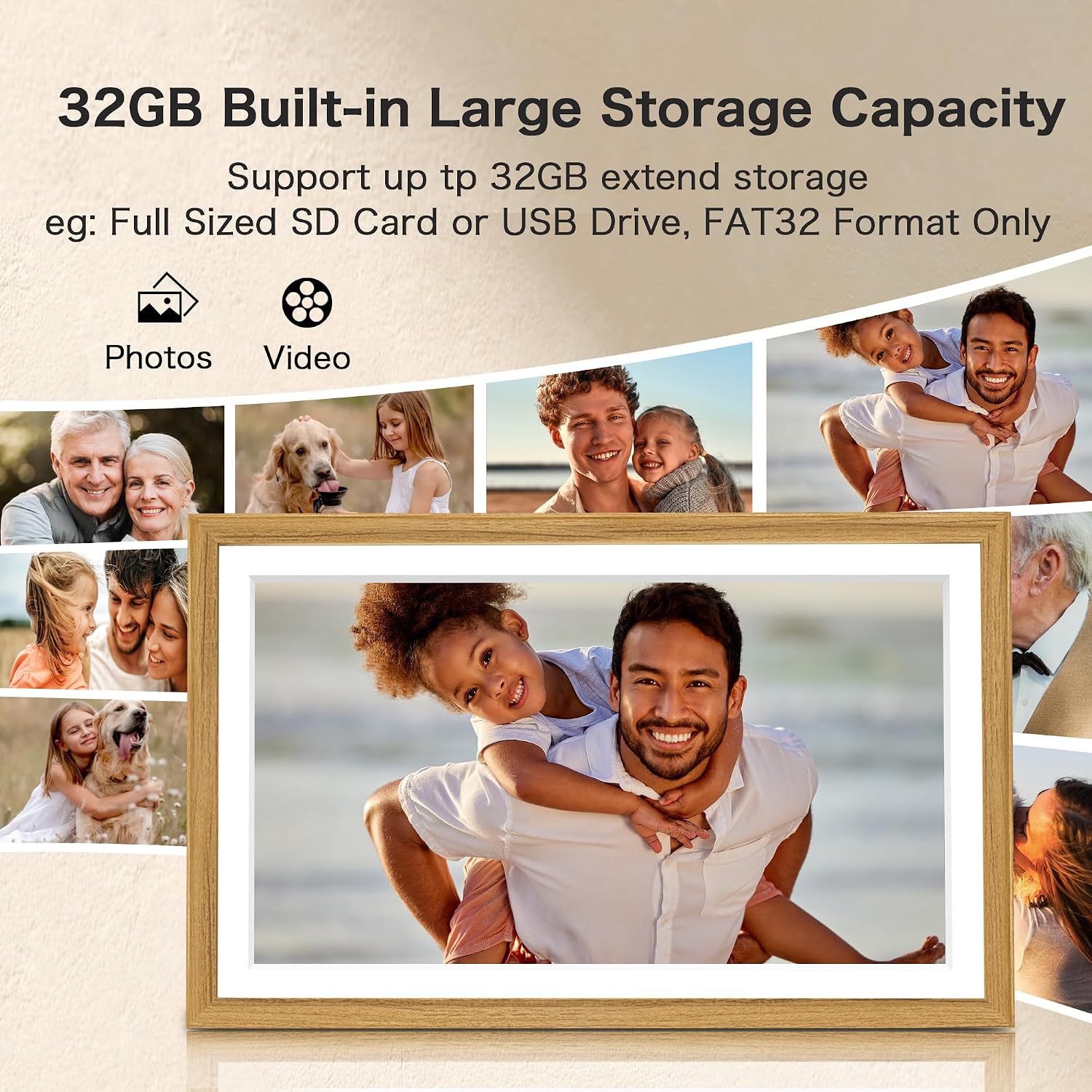 Digital Picture Frame, Frameo 15.6 Inch Large Digital Photo Frame WiFi, 1920 * 1080 IPS FHD Touchscreen, 32GB, Tabletop&Wall-Mounted, Share Video Picture, Electric Frame, Mom Gifts, Natural Woodgrain