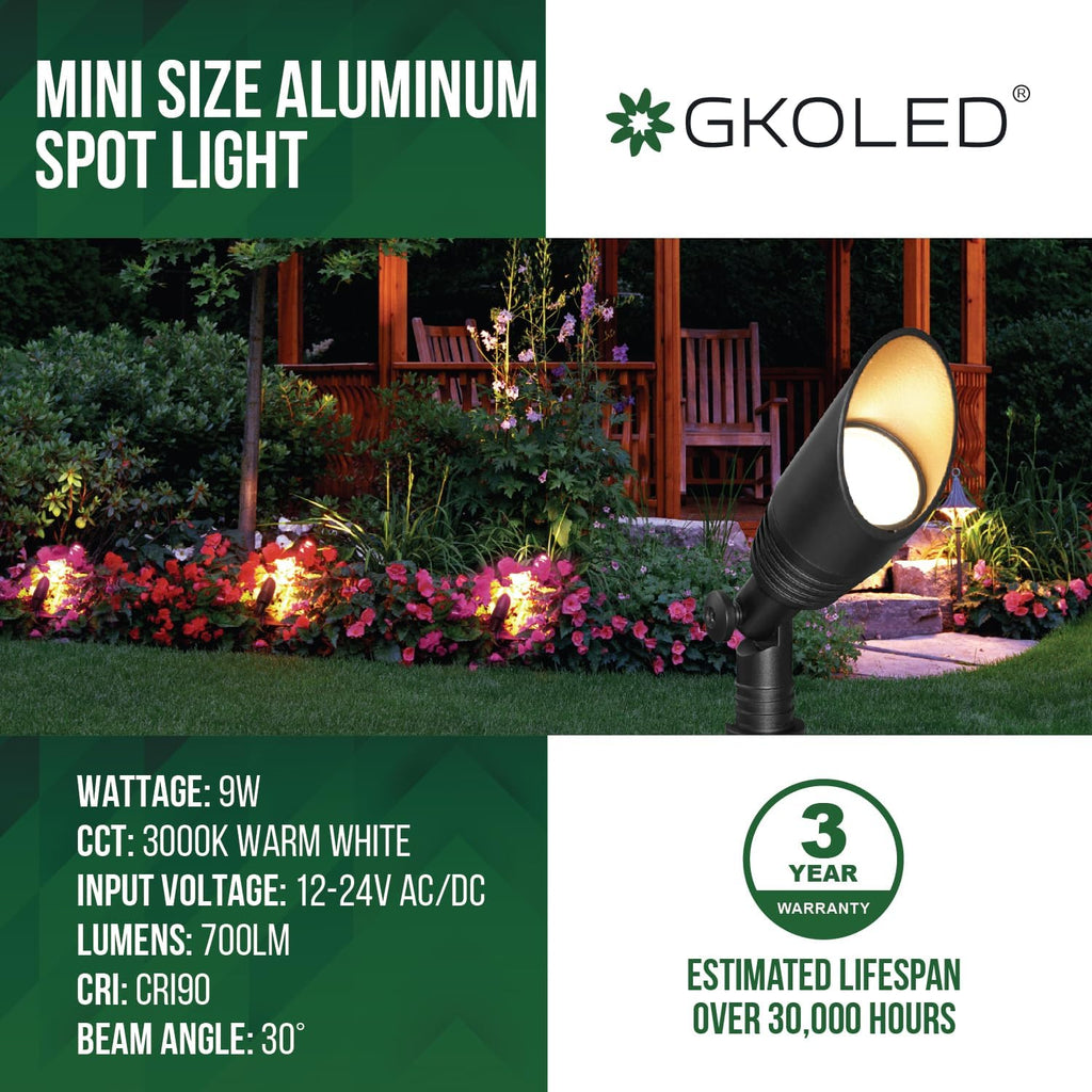 GKOLED 6 Pack LED Low Voltage Spotlights, 12V Landscape Lighting, Outdoor Mini Size Spot Light, Waterproof Directional Up Lights for Garden Yard, Metal Stake, Die-cast Aluminum, 9W 3000k CRI90 Black