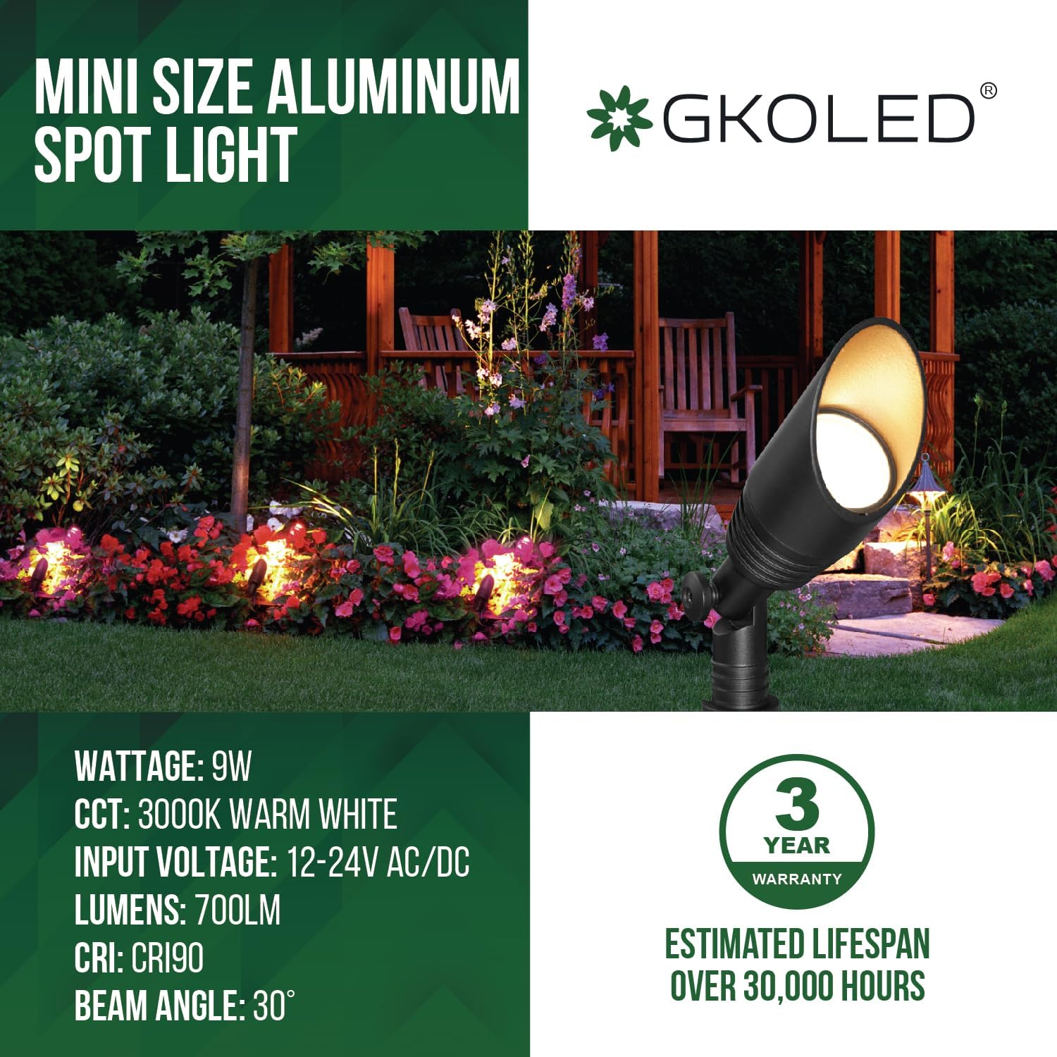 GKOLED 6 Pack LED Low Voltage Spotlights, 12V Landscape Lighting, Outdoor Mini Size Spot Light, Waterproof Directional Up Lights for Garden Yard, Metal Stake, Die-cast Aluminum, 9W 3000k CRI90 Black