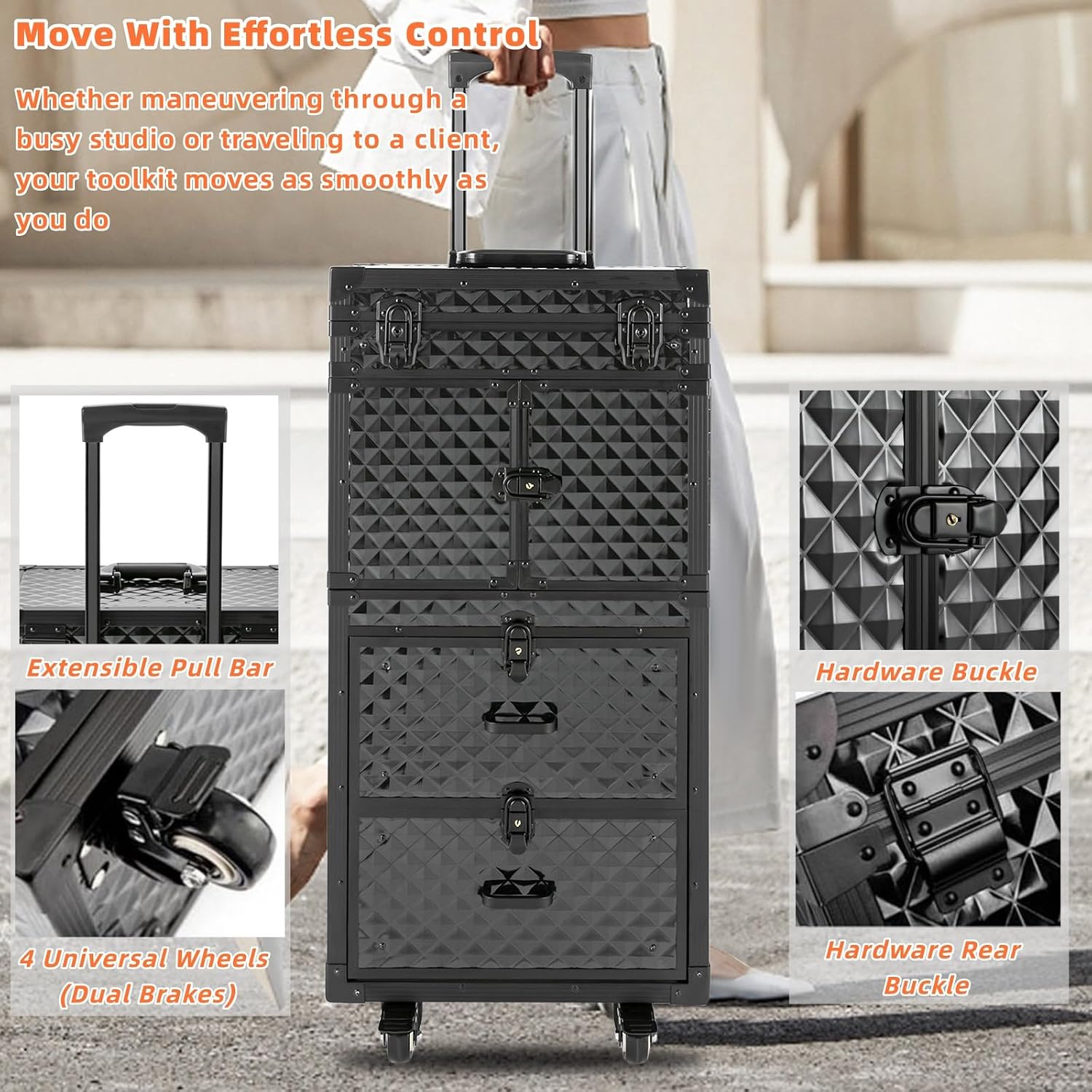 Rolling Makeup Suitcase with 2 Drawers, Lockable Nail Salon Cart Makeup Train Case Cosmetic Luggage for Beauty, Cosmetology Case on Wheels Trolley Cart for Manicure Hairstylist