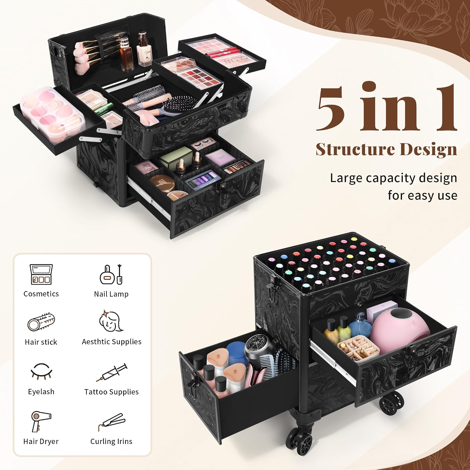 AROUS Rolling Makeup Case with 3 Drawers, Cosmetology Case on Wheels 5 IN 1 Makeup Train Case Make Up Organizer for Artist Salon Nail Teach Trunk,Ink Black