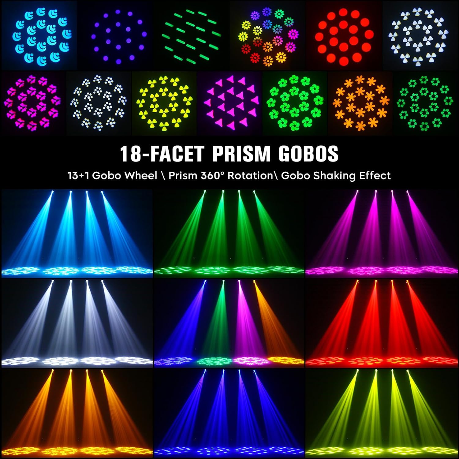 200W LED Moving Head Stage Lighting 5 Mode 10 Colors 14 GOBO 18 Prism DJ Light 14CH RGBW 4in1 Controlled By Scene Auto Sound Master-Slave DMX Moving Head Light DJ Lights for Party Club Church Show
