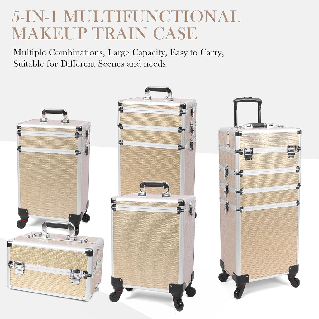 Professional Rolling Makeup Case with Wheels, 5-in-1 Makeup Train Case, Cosmetic Makeup Trolley Cart Travel Cosmetology Case On Wheels with Key for Hairstylists, Nail Tech (Gold Crystal)