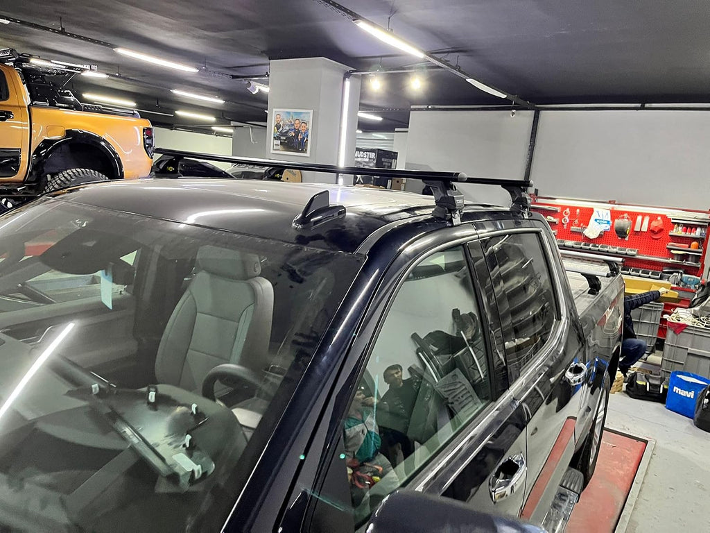 Roof Rack Cross Bars for Chevy Chevrolet Silverado 1500 Fits 3rdGen (2014–18) 4thGen (2019–2025) Bare Roof Clamp-On 330 lbs Capacity Aluminum T-Slot Bars Lockable Heavy-Duty No-Drilling (Black)