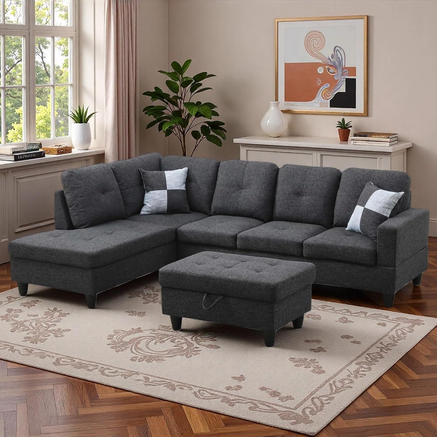 103.5' Sectional Couches for Living Room, Leather 4 Seat L Shaped Couch with Chaise, 3-Piece Modular Sofa with Storage Ottoman, Home Furniture Sets for Apartment Office, Black Grey