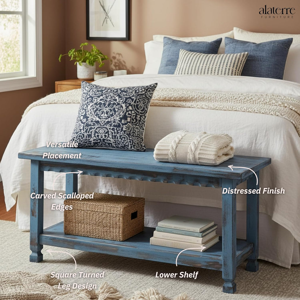 Country Cottage Entryway Bench with Storage Shelf – 36 Inch Solid Wood Farmhouse Bench in Antique Blue Distressed Finish for Rustic Hallway or Living Room Accent by Alaterre Furniture