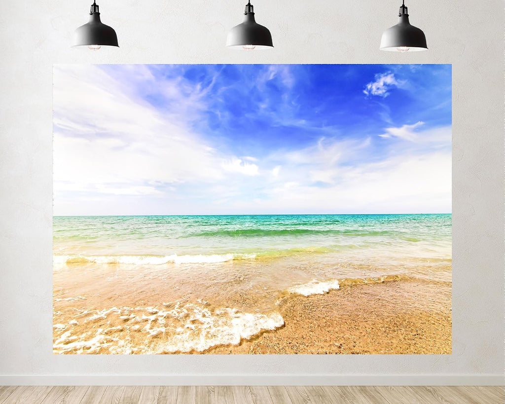 Trykid 20x10ft Serene Beach Blue Sky Gentle Wave Backdrop Sandy Shore Clear Water Photography Background Summer Themed Relax Shoot Tapestry Party Decoration Photo Booth Prop Fabric