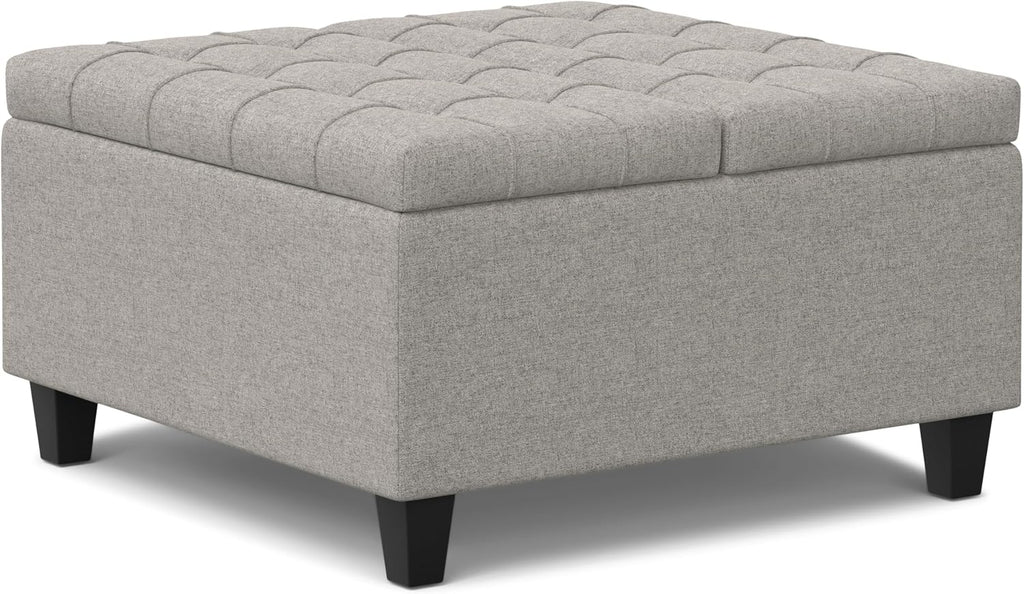 SIMPLIHOME Harrison Small Coffee Table Storage Ottoman - 30 inch Wide Upholstered Linen Look Fabric Square Lift-Top Ottoman in Cloud Grey, Transitional Ottoman for Living Room with Hidden Storage
