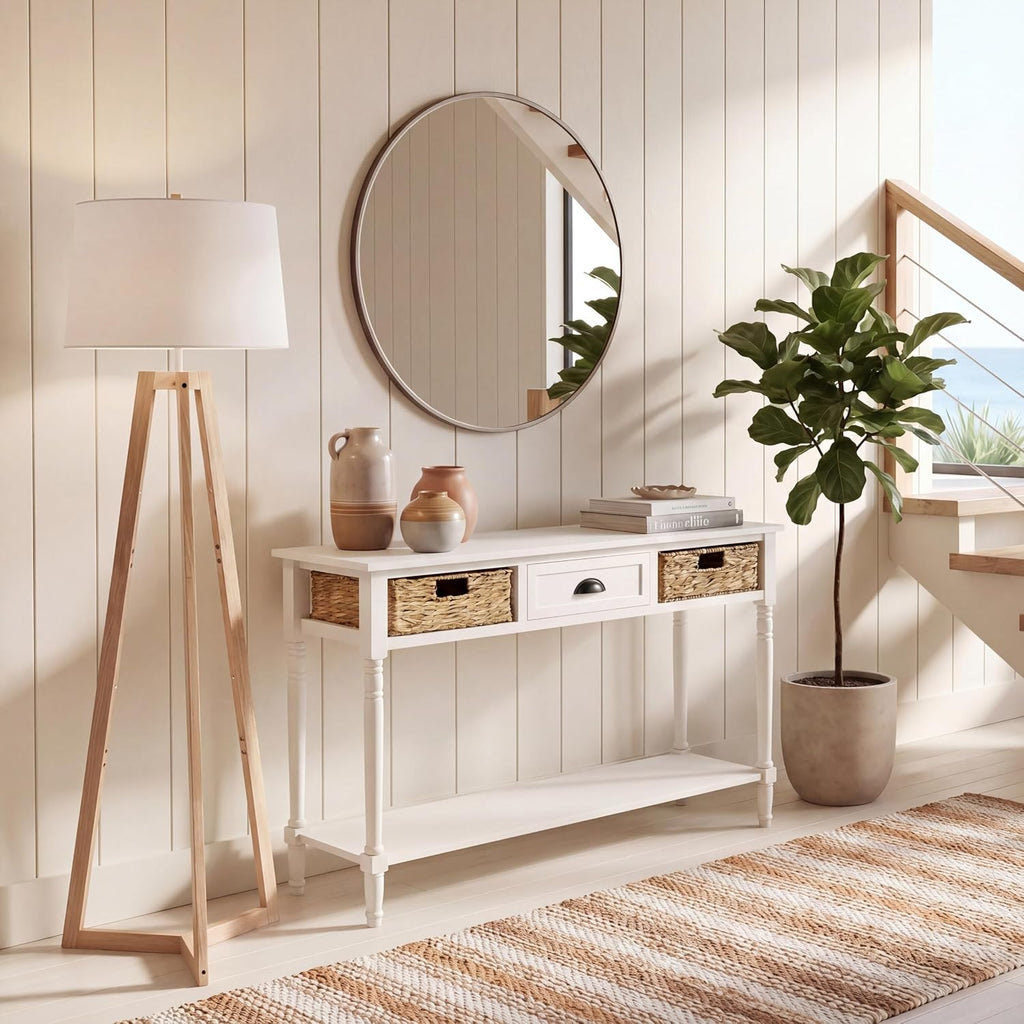 SAFAVIEH Home Collection – Christa Ivory Console Table, 3-Drawer Storage with Natural Basket Drawers, Coastal Entryway Design (AMH5737K)