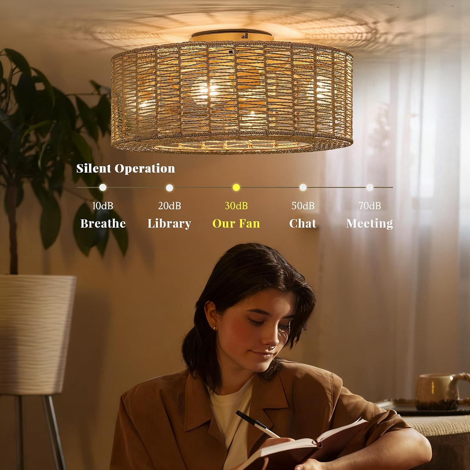 20' Rattan Caged Flush Mount Fandelier，Brown Boho Ceiling Fan with Remote, Reversible
