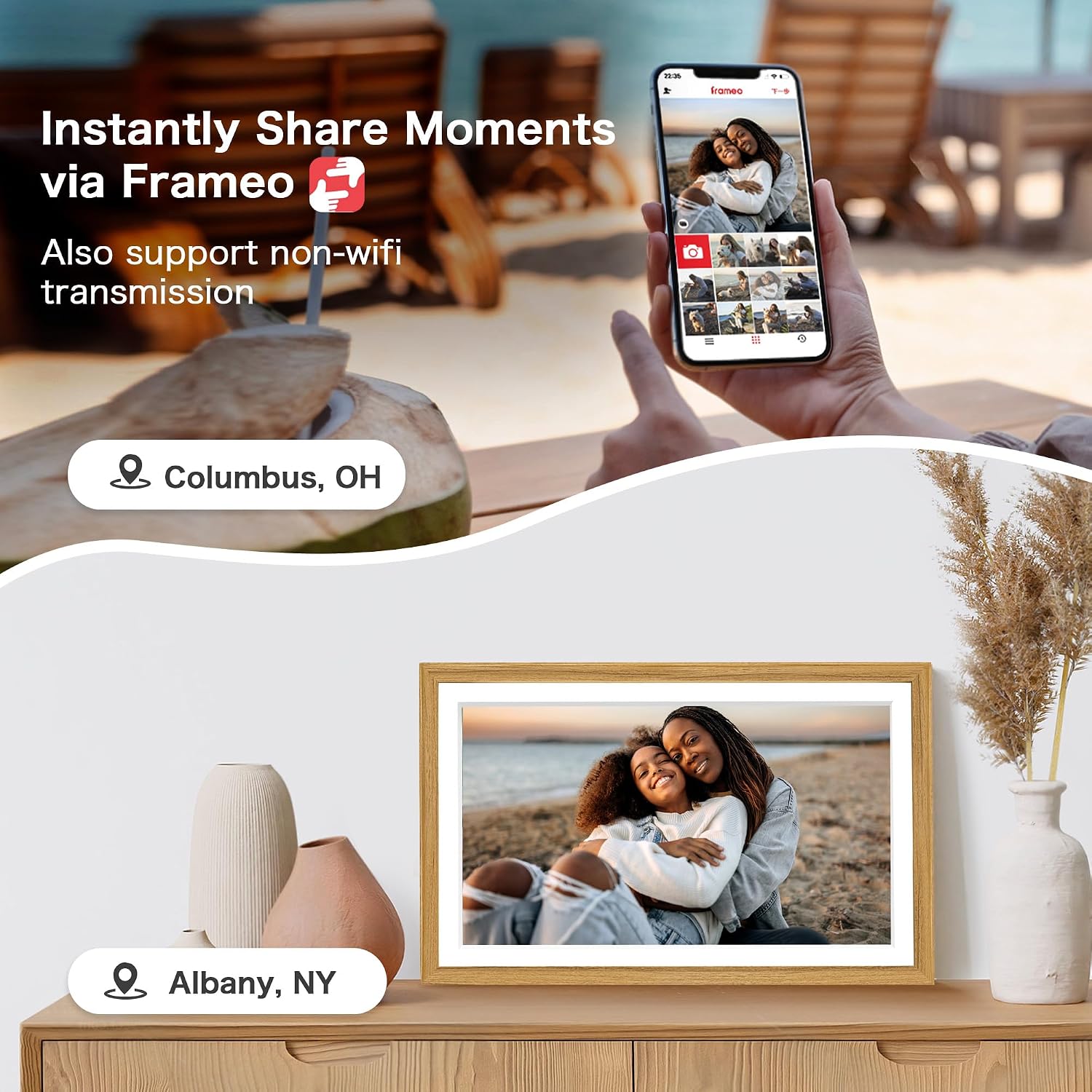 Digital Picture Frame, Frameo 15.6 Inch Large Digital Photo Frame WiFi, 1920 * 1080 IPS FHD Touchscreen, 32GB, Tabletop&Wall-Mounted, Share Video Picture, Electric Frame, Mom Gifts, Natural Woodgrain