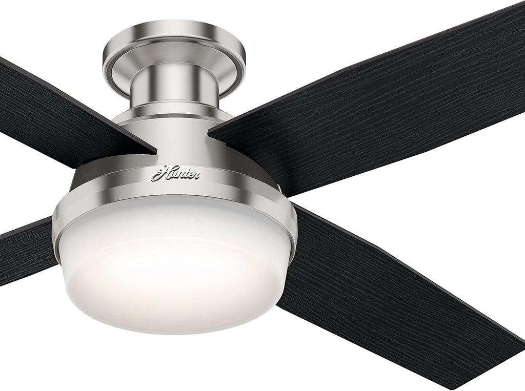 Hunter Fan 52 inch Contemporary Low Profile Brushed Nickel Ceiling Fan with LED Light kit and Remote Control, 4 Blade (Renewed)