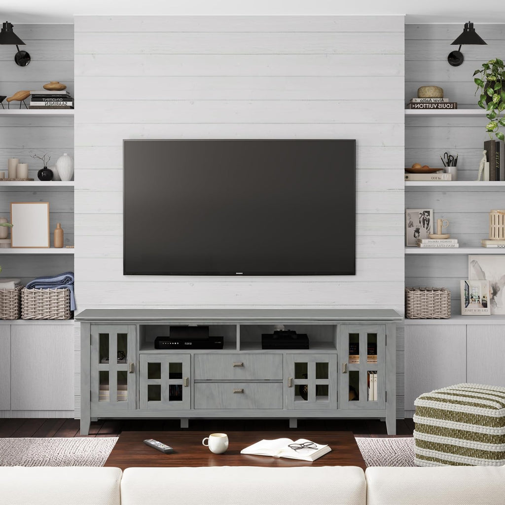 SIMPLIHOME Artisan TV Stand - 72 inch Wide Solid Wood Media Console in Fog Grey, Contemporary Entertainment Center for Living Room for TVs up to 80 Inches with Glass Cabinets and Cable Management
