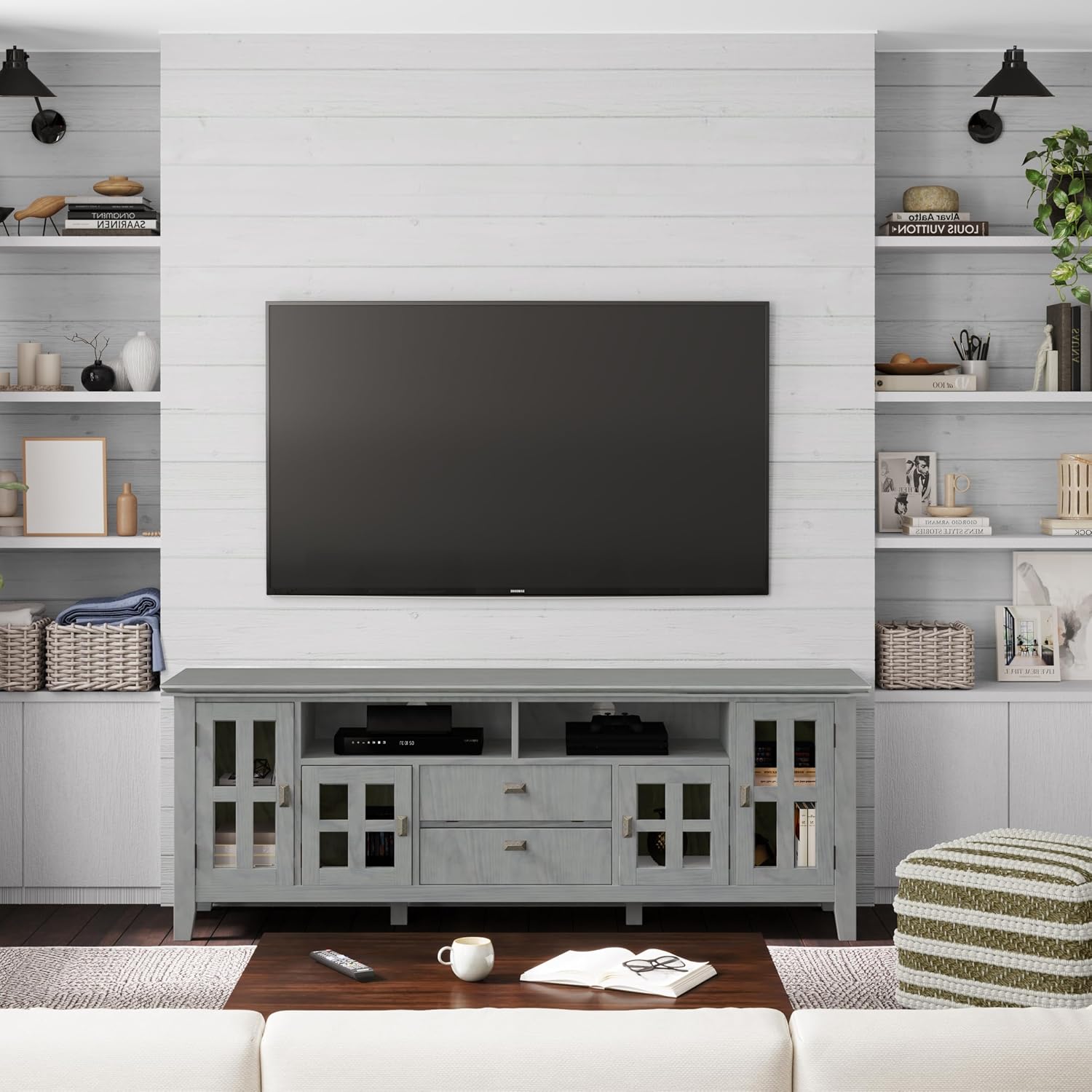 SIMPLIHOME Artisan TV Stand - 72 inch Wide Solid Wood Media Console in Fog Grey, Contemporary Entertainment Center for Living Room for TVs up to 80 Inches with Glass Cabinets and Cable Management