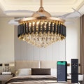 36' Dimmable Gold Fandelier Crystal Ceiling Fans with Lights and Remote Modern Retractable Blade Chandelier Ceiling Fans for Bedroom Dinning Room Living Room