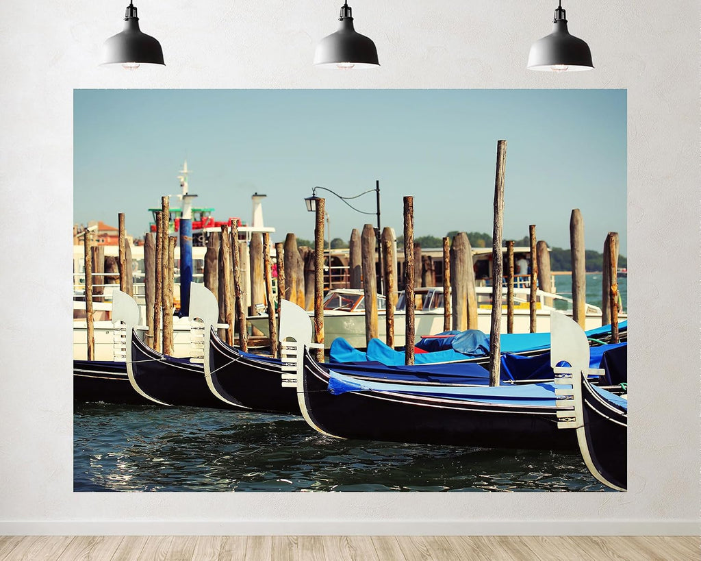 Trykid 20x10ft Venice Gondolas Backdrop Moored Poles Blue Covers Historic Italian Waterfront Photography Background Wedding Event Party Decoration Photo Booth Prop Fabric