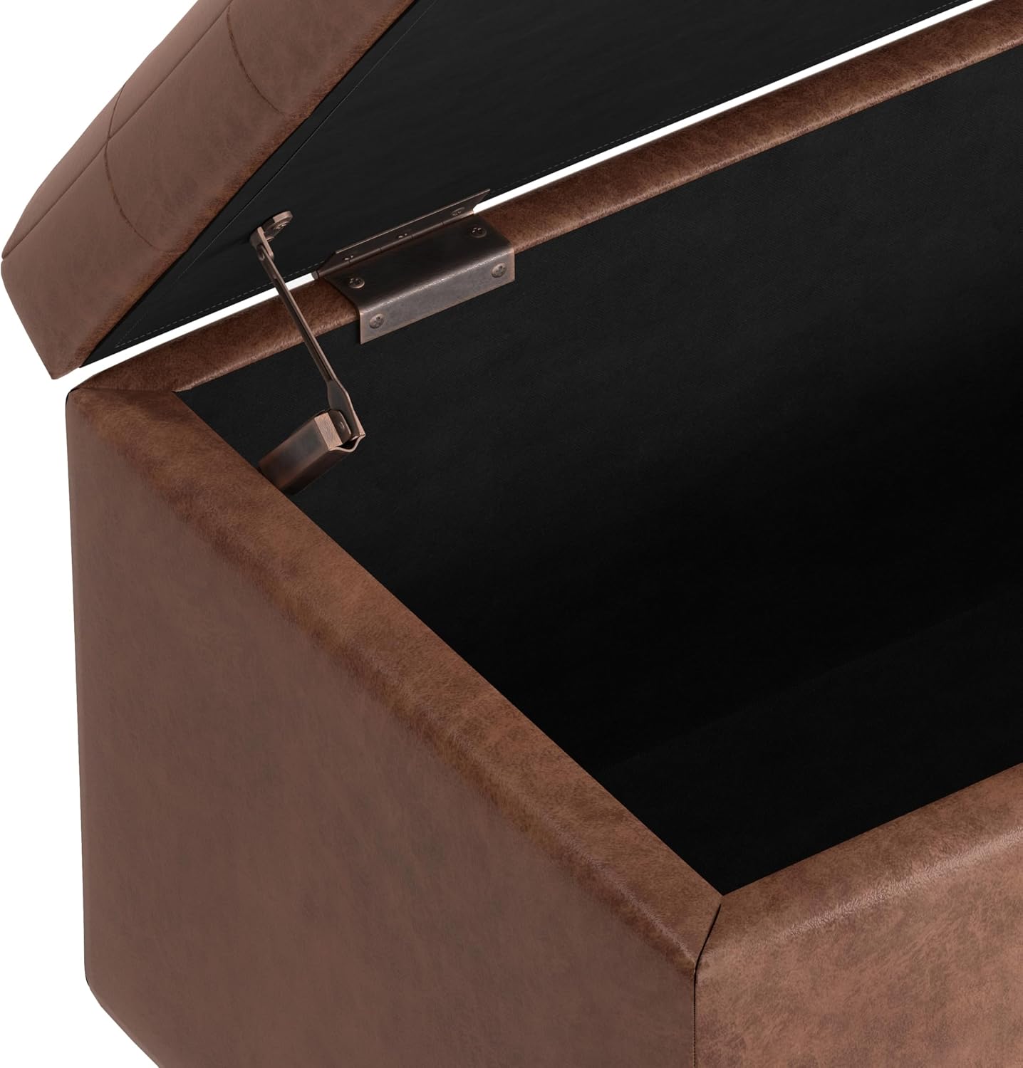 SIMPLIHOME Cosmopolitan Storage Ottoman - 34 inch Wide Upholstered Vegan Leather Rectangle Storage Ottoman Bench in Distressed Saddle Brown, Transitional Tufted Ottoman for Entryway with Lift-Up Lid