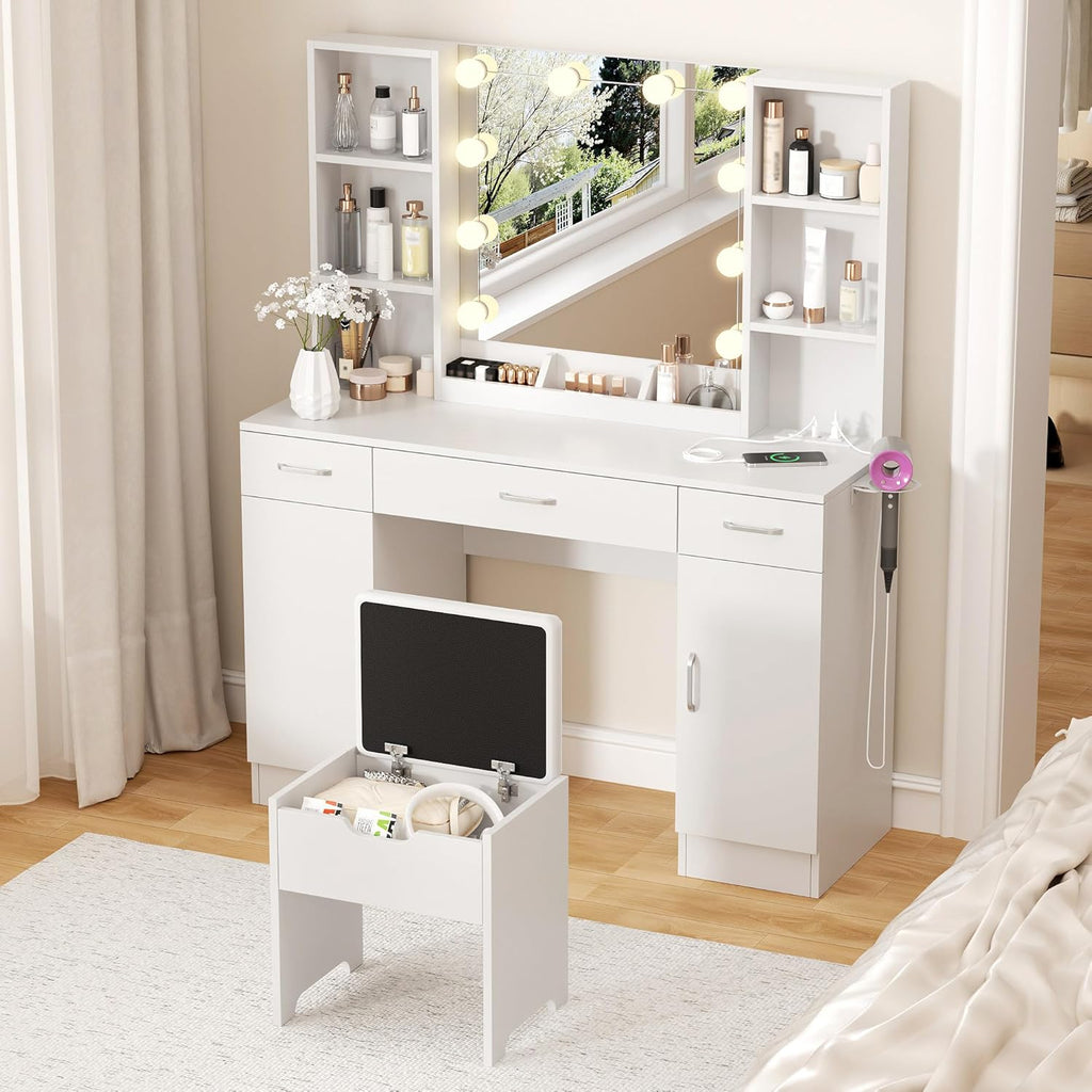 Vabches Makeup Vanity Table with Lighted Mirror & Power Strip, Large Vanity Set Vanity Desk with Storage Stool, 3 Lighting Modes, Brightness Adjustable, 45.2in(L)